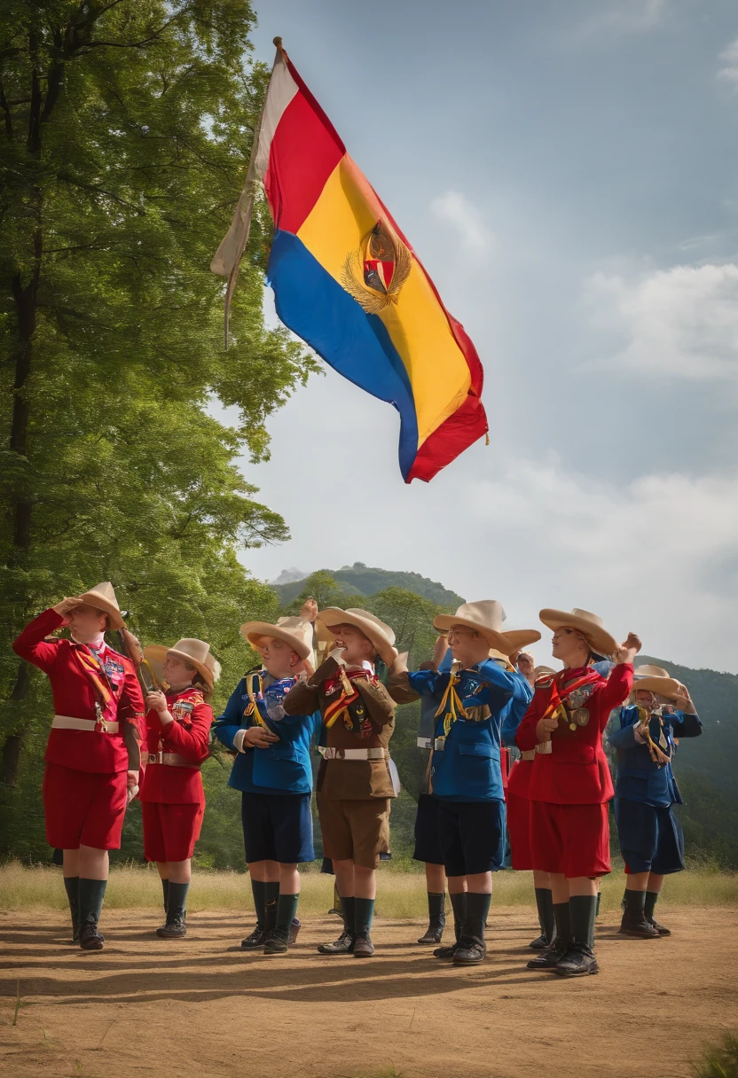 Imagine a lively camp setting with scouts gathered together. The atmosphere is filled with excitement and anticipation. In the center of the camp, there is a flagpole proudly displaying the national flag. As the bugles sound, scouts from all directions start to gather around the flagpole. They are wearing their scout uniforms and carrying their colorful hats. With synchronized movements, they toss their hats into the air, creating a beautiful spectacle as the hats rise towards the sky. The scene captures the unity and spirit of the scouts as they come together to celebrate and show their respect during the flag-raising ceremony