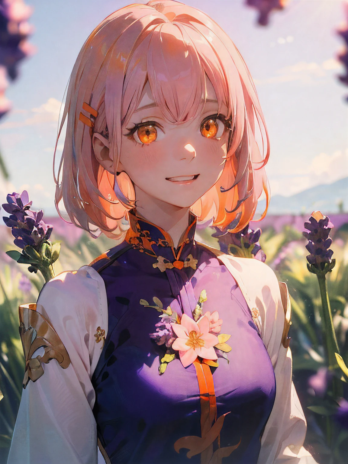 a 19 yo girl , (( Light Pink Hair:1.5)), (hi-top fade:1.3) , dark themed , Muted Tones , Subdued Color , highly contrast , (natural skin textures , Hyper-Realism , Soft light , sharp) , ((Lavender Purple innovative ao dai:1.5)) , (Secondary colors of innovative ao dai clothes is Vista Blue) ,( Pink Lavender lotus shaped hair clip ), (Sky Blue accessory) , (((shoulder-length hair)) , (bright orange eyes:1.5) , (beautiful detailed eyes), focus on the face , opposite shot , full head, (bright orange eyes:1.5) , upper body , ((Amused emotion:1.5))