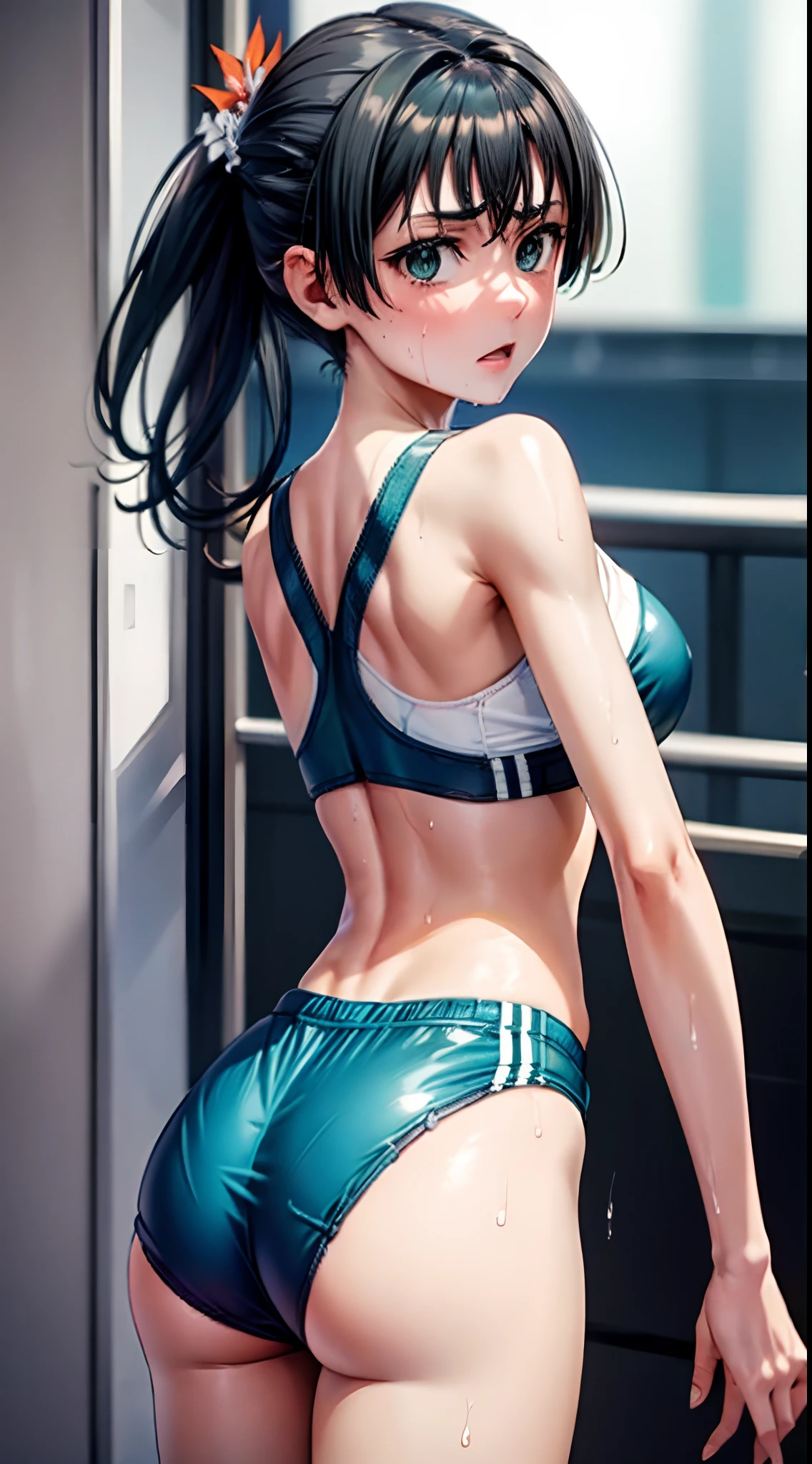 femele,１2 years old,,Sports bra and boxer shorts,,Wet with sweat,Look back,(((Nariko Saten)))