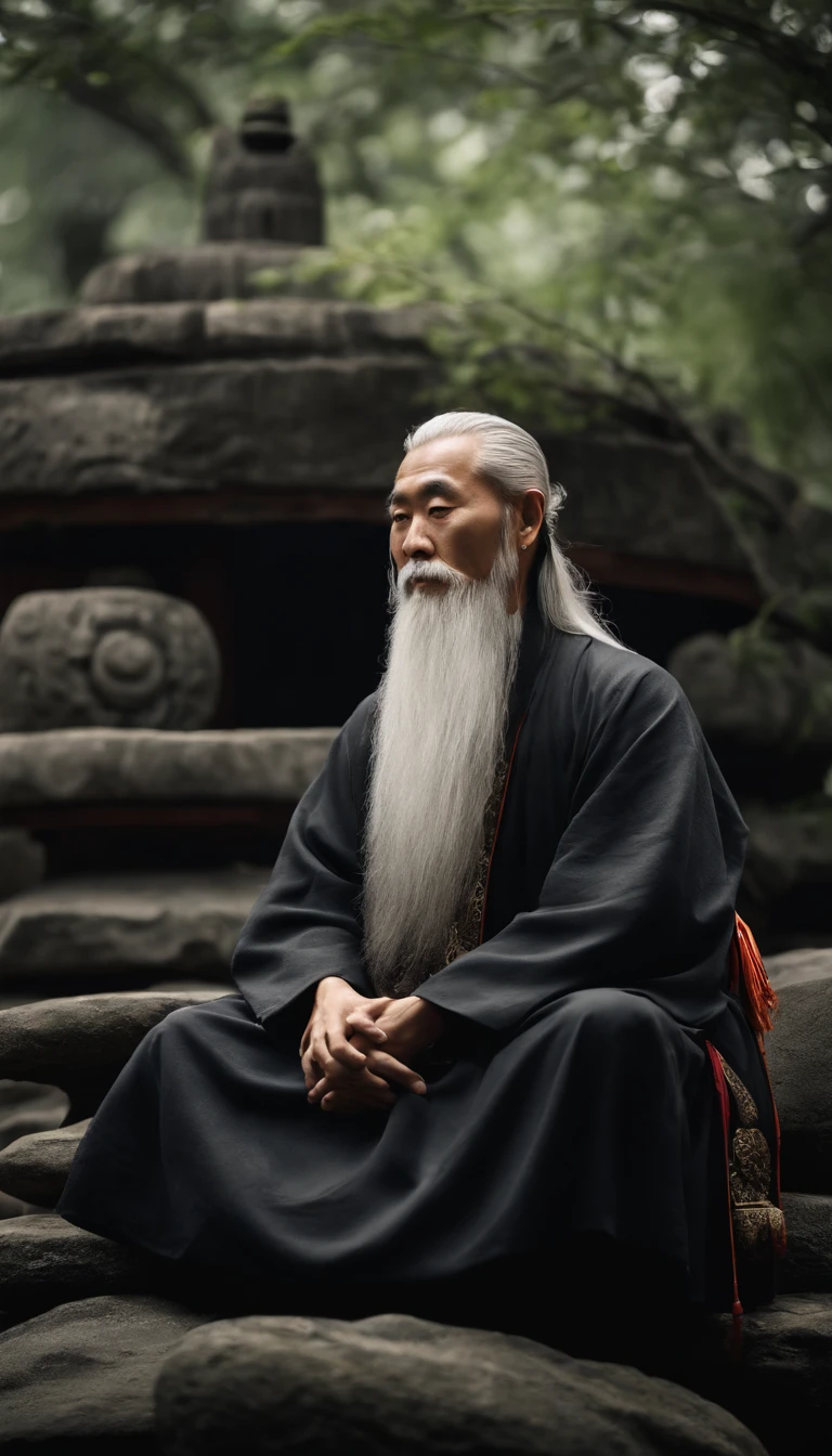 Close-up of a young Chinese Taoist leader sitting on a stone,long whitr hair,lbeard,Meditation cross-legged,Daoism, Wearing a black robe,magic aura,Taoist master,Taoist,at centre,Face the lens,Very bright colors, Light particles, with light glowing, Mshiv, wallpaper art, UHD wallpaper