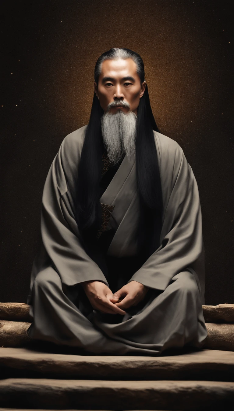 Close-up of a young Chinese Taoist leader sitting on a stone,long whitr hair,lbeard,Meditation cross-legged,Daoism, Wearing a black robe,magic aura,Taoist master,Taoist,at centre,Face the lens,Very bright colors, Light particles, with light glowing, Mshiv, wallpaper art, UHD wallpaper