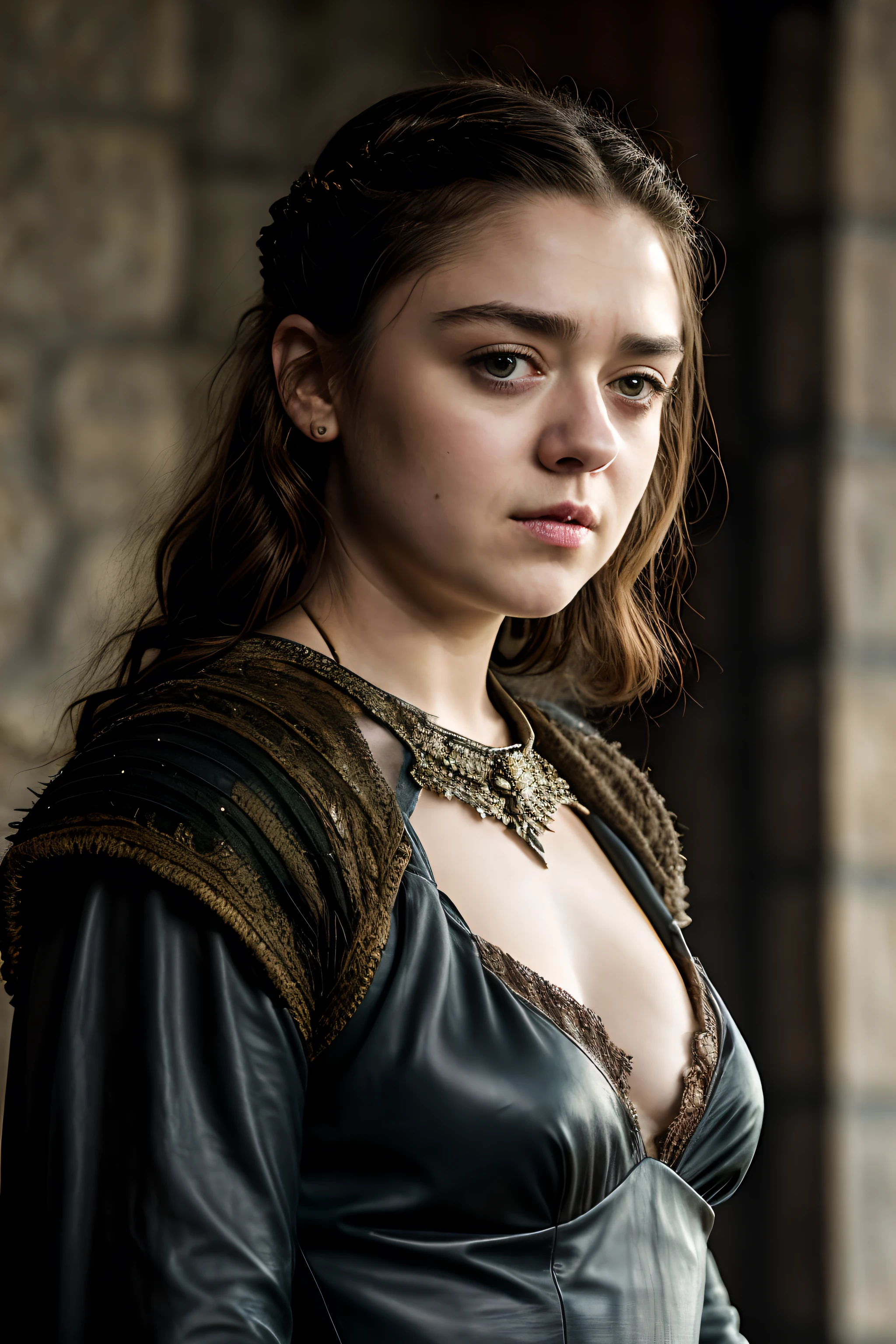 Foto RAW, Arya Stark, Extremely gorgeous lady, Arya Stark PLAYED BY MAISIE WILLIAMS, Queen Arya Stark, she is a mature woman now, milf, sexy mediaeval battle dress, gladiator woman, body, 40 years old Woman, body revealing costumes, perky breast, big natural breast, erotic costumes, lusty physique, seductive figure can capture every people's attention, Game of thrones costumes, revealing captivating figure, Mediaeval costumes, revealing clothes, A tomboy, she would rather fence than dance, warrior queen , game of thrones screen caps, Game of Thrones Series, (pele altamente detalhada: 1.2), 8k UHD, DSLR, soft-lighting, alta qualidade, grain of film, Fujifilm XT3, flawless picture, highly detailed, detailed Beauty, intricate, 32k, sharp picture,