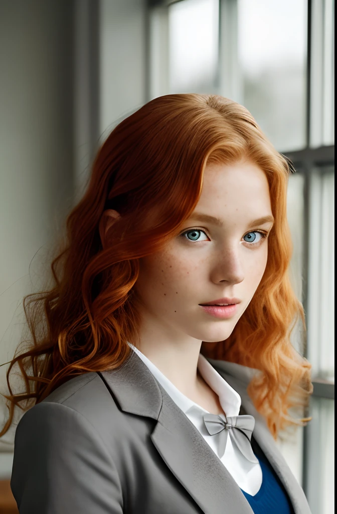 1girl in, age19, Solo, Aesthetic artwork, irish  redhead, wavy ginger hair, shoulder length ginger hair, gray eyes, light grey eyes, some small freckles, pale skin, A-cup, small breasts, runners body, detailed skin texture, (extremely detailed 8k wallpaper), soft lighting, high quality, film grain, Fujifilm XT3 sharp focus, f 5.6, 50mm, High Detail, Sharp focus,(natural light), (grey blazer, ribbon, socks, high school uniform: 1.2), high school classroom, crazy details, complex details, hyper detailed