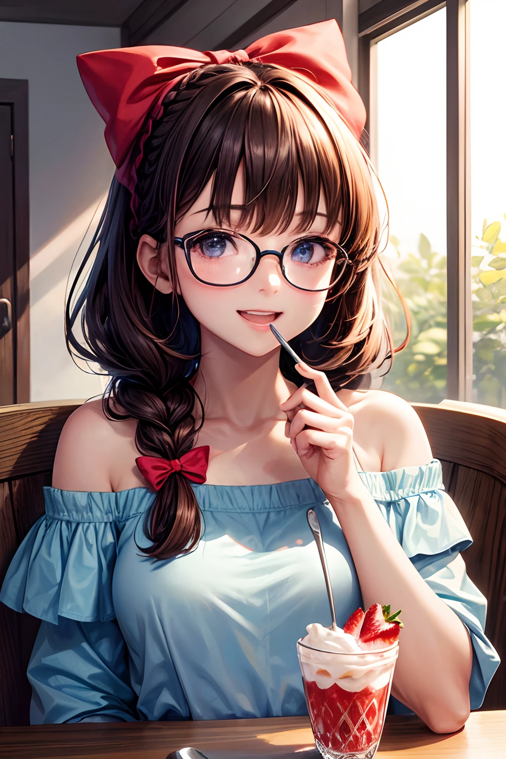 ((1girl in)), ((Best Quality)), (Ultra-detailed), (extremely detailed CG unified 8k wallpaper), Highly detailed, High-definition raw color photos, Professional Photography, a woman with glasses eating an ice cream cone with a spoon and spoon, 1girl, solo, spoon, blue shirt, food, smile, holding spoon, long hair, glasses, holding, parfait, brown hair, bangs, bow, hair bow, off-shoulder shirt, looking at viewer, strawberry, upper body, open mouth, braid, shirt, off shoulder, bare shoulders, fruit, :d, blunt bangs