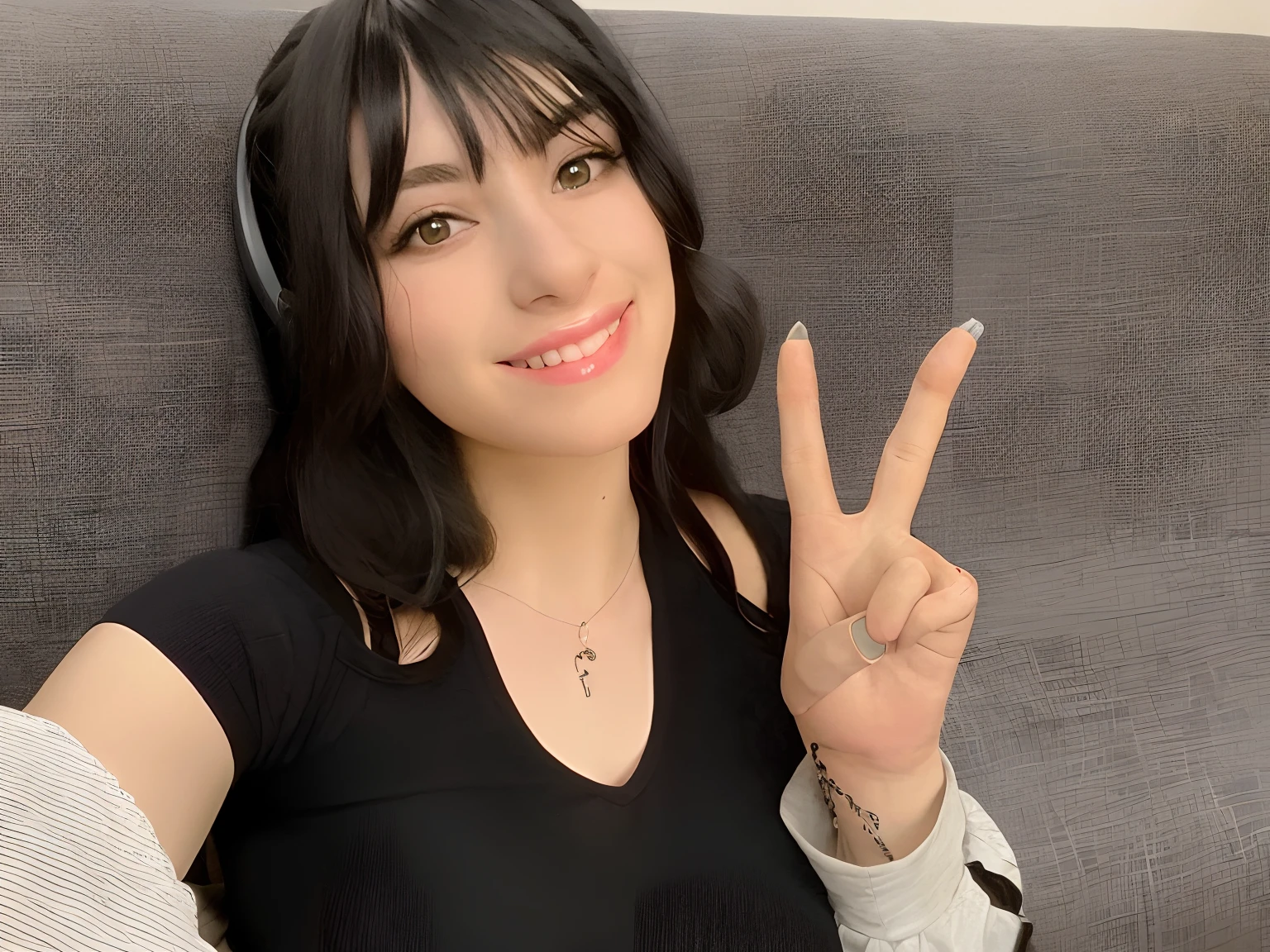 arafed woman sitting on a couch with a peace sign, belle delphine, very very low quality picture, 1 7 - year - old goth girl, she has black hair with bangs, kailee mandel, 1 7 - year - old anime goth girl, 18 years old, angiewolf, profile picture 1024px, 2 2 years old