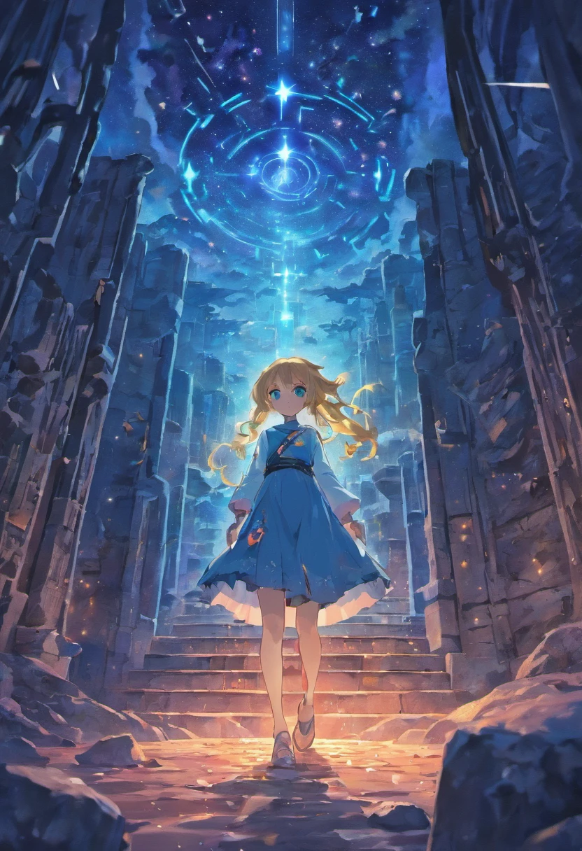 Maze, dungeon, floating runic rocks in a infinite voidless dimension, stars in the background, crystals, floating Ruins in space, Game map design, Cartographic map, Descending Map, 2D, cartographic, Game Map, Map layout, surreal, detailed, vivid colors, mystical lighting