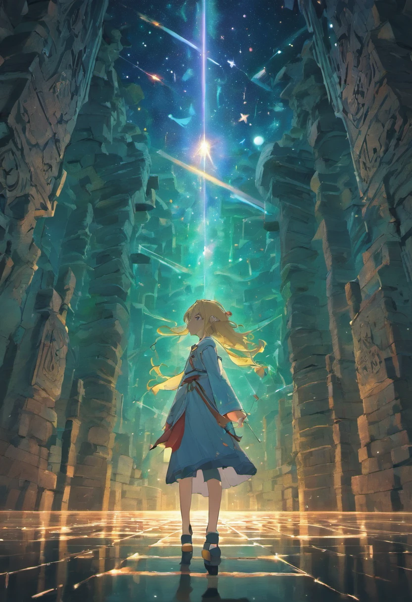 Maze, dungeon, floating runic rocks in a infinite voidless dimension, stars in the background, crystals, floating Ruins in space, Game map design, Cartographic map, Descending Map, 2D, cartographic, Game Map, Map layout, surreal, detailed, vivid colors, mystical lighting