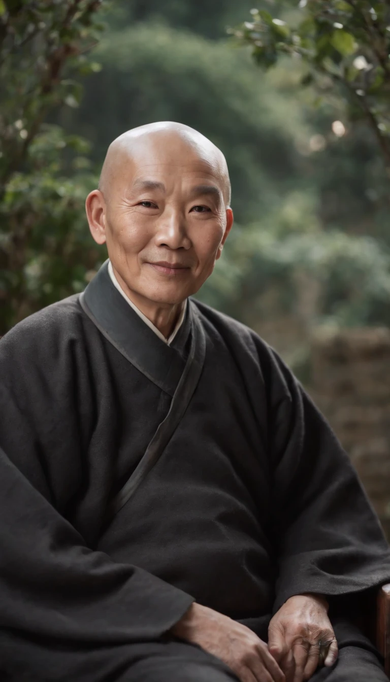 Wearing a black coat,Smiling,Middle of the lens,The background is a traditional Chinese painting,Men have no beards,One hand on the chair,Wise old man,An ancient Chinese elder,Center the photo,The character is centered,Sit,Real frontal photos,Face HD,The face is softly illuminated,Slight smile,The background is a bit dark,The interior is dimly lit,Background bokeh,Light shines on the face from the front,The face is evenly lit,Medium shot,Best quality,photographed