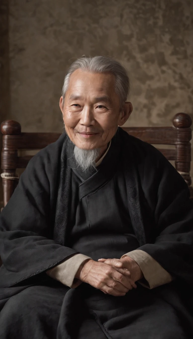 Wearing a black coat,Smiling,Middle of the lens,The background is a traditional Chinese painting,Men have no beards,One hand on the chair,Wise old man,An ancient Chinese elder,Center the photo,The character is centered,Sit,Real frontal photos,Face HD,The face is softly illuminated,Slight smile,The background is a bit dark,The interior is dimly lit,Background bokeh,Light shines on the face from the front,The face is evenly lit,Medium shot,Best quality,photographed