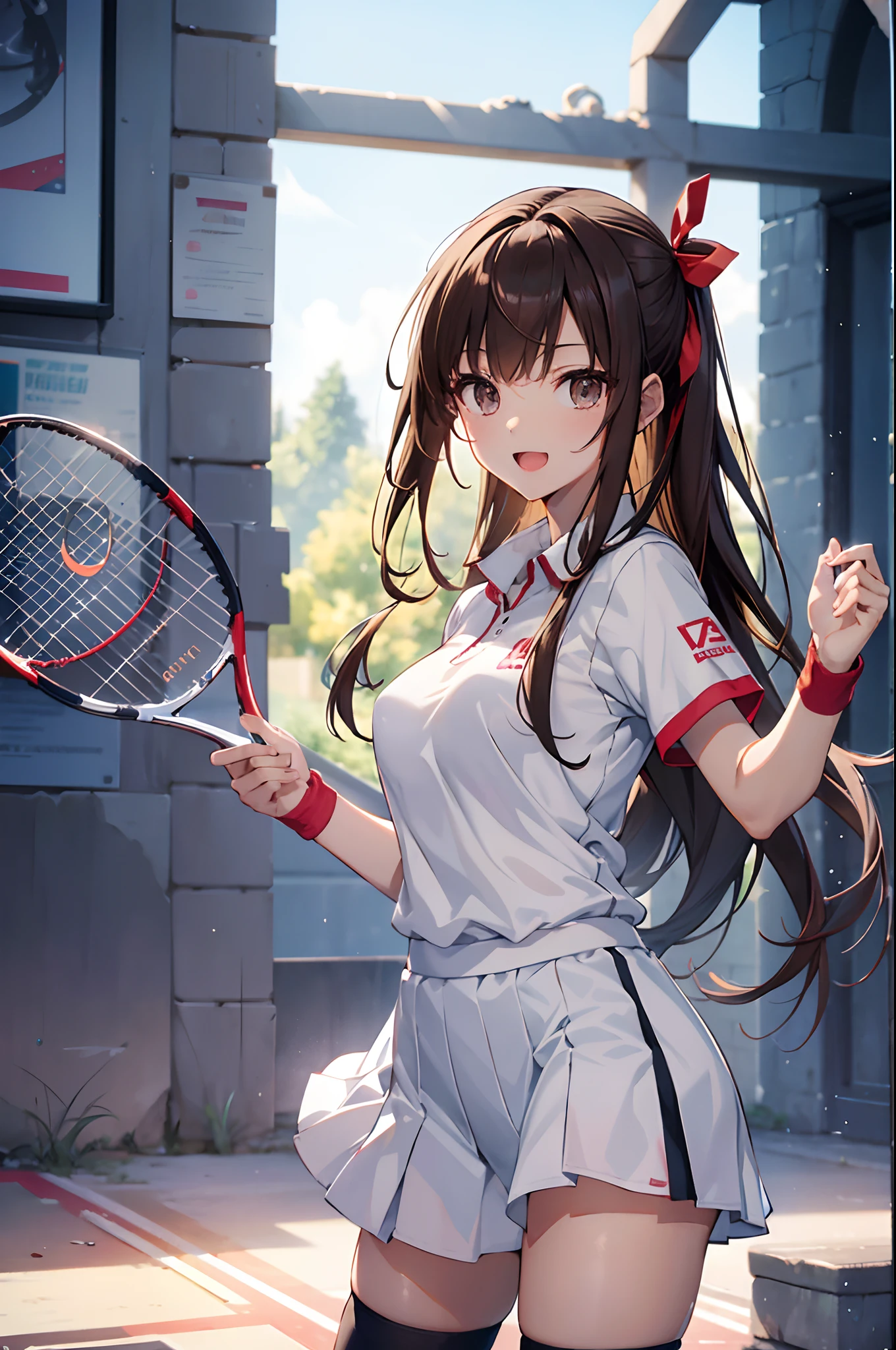(top-quality、in 8K、32K、masterpiece、nffsw、超A high resolution、Impresionismo、Photorealsitic:1.2)、Looking back、Full body, tennis coat、beauitful face、blurry backround、18 year old beautiful girl、shinny skin、Twin-tailed、beautiful brown hair、Gray eyes、Tie your hair with a big red ribbon、Tennis Uniforms、raise arms、Smile with open mouth、Curve、Holding a racket、