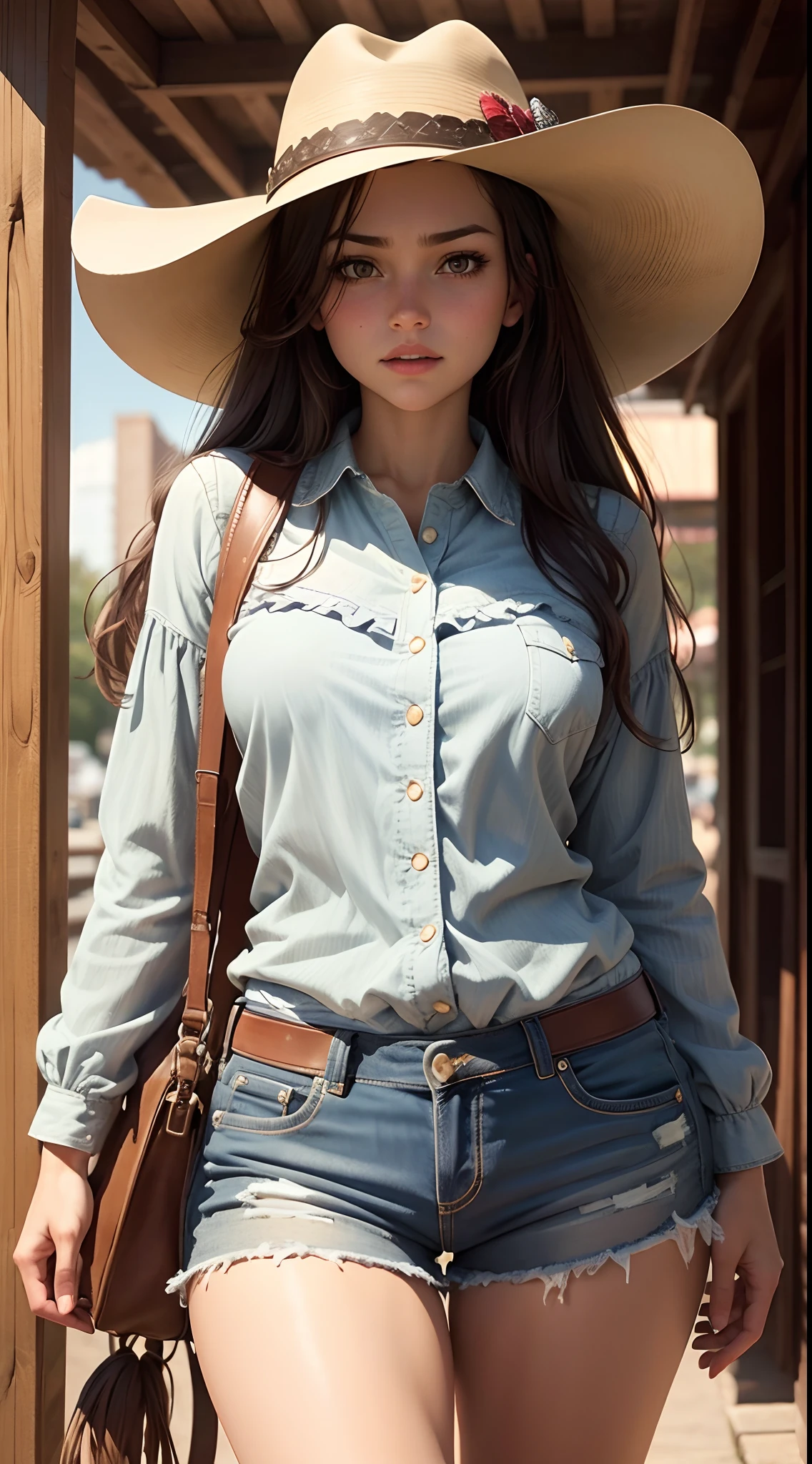 beautiful American cowboy girl, photo from below opposite facial expressions