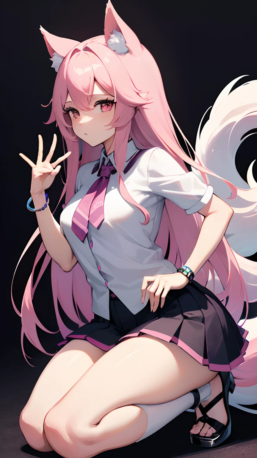 Ahri de league of legends, Nine-tailed fox girl from Korean mythology, cabello rubio platinado con degradado a color rosa pastel, usando una blusa color lila sin mangas y con un escote pronunciado, senos muy bien definidos y brillantes, pulsera de plata en la mano izquierda, mano derecha apoyada en la cintura, mano izquierda extendida, Pleated mini skirt with checkered design in pink and lilac tones, usando anteojos de montura fina, muslos brillantes, tacones altos de color lila trenzados hasta las rodillas,