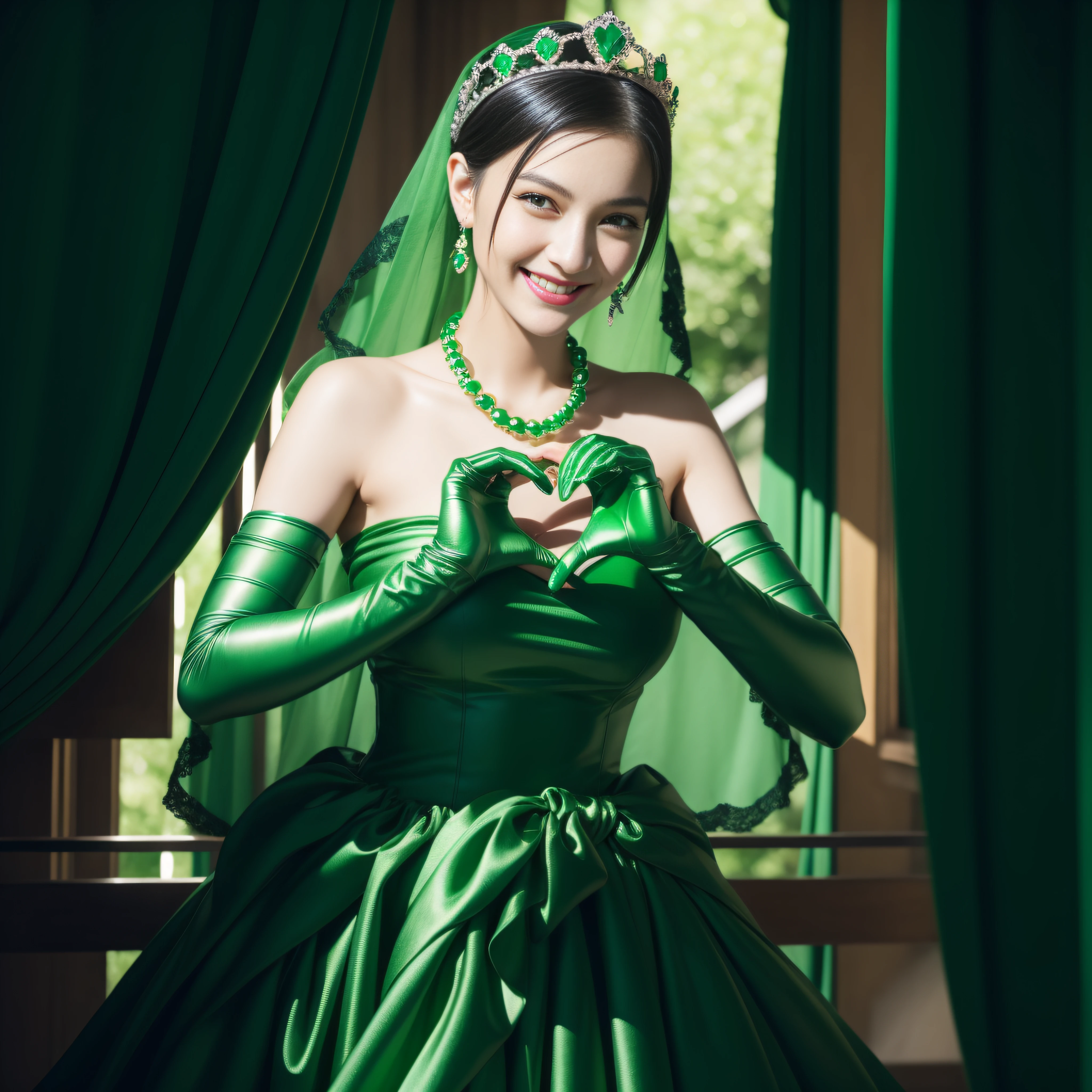 emerald tiara, Green Pearl Necklace, Boyish very short black hair, lipsticks, Japan woman smiling, very short short hair,  big breasts beautiful, Green eyes, Long green gloves made of satin material, Green eyes, Emerald Earrings, green vale, Heart with both hands,Black hair