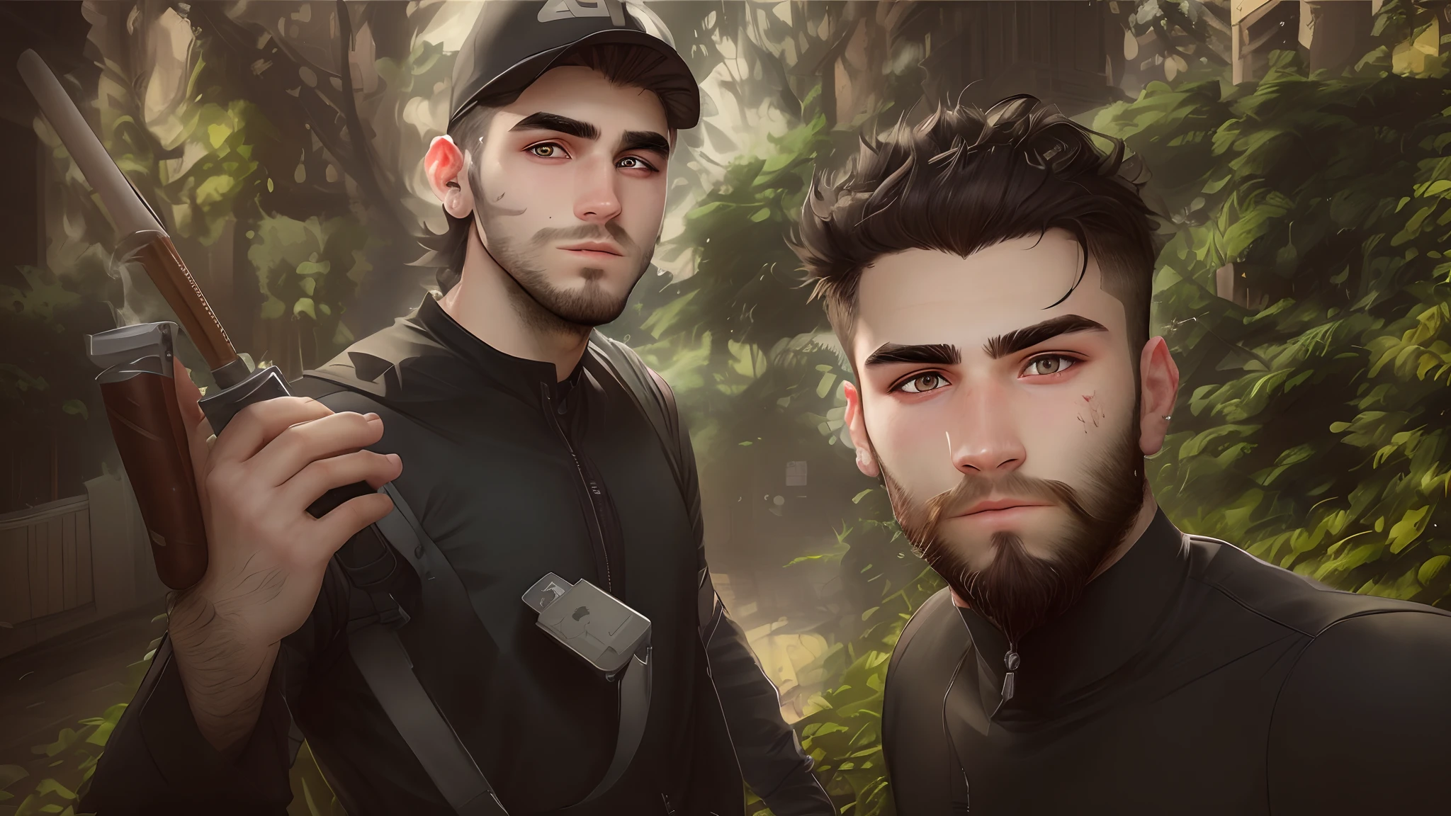 2 mans,age 20, short beard, ALL back hair, smoke, portrait, front view, serious face, Black hair, scar in right eye, Brown eyers, hacker, face Focus