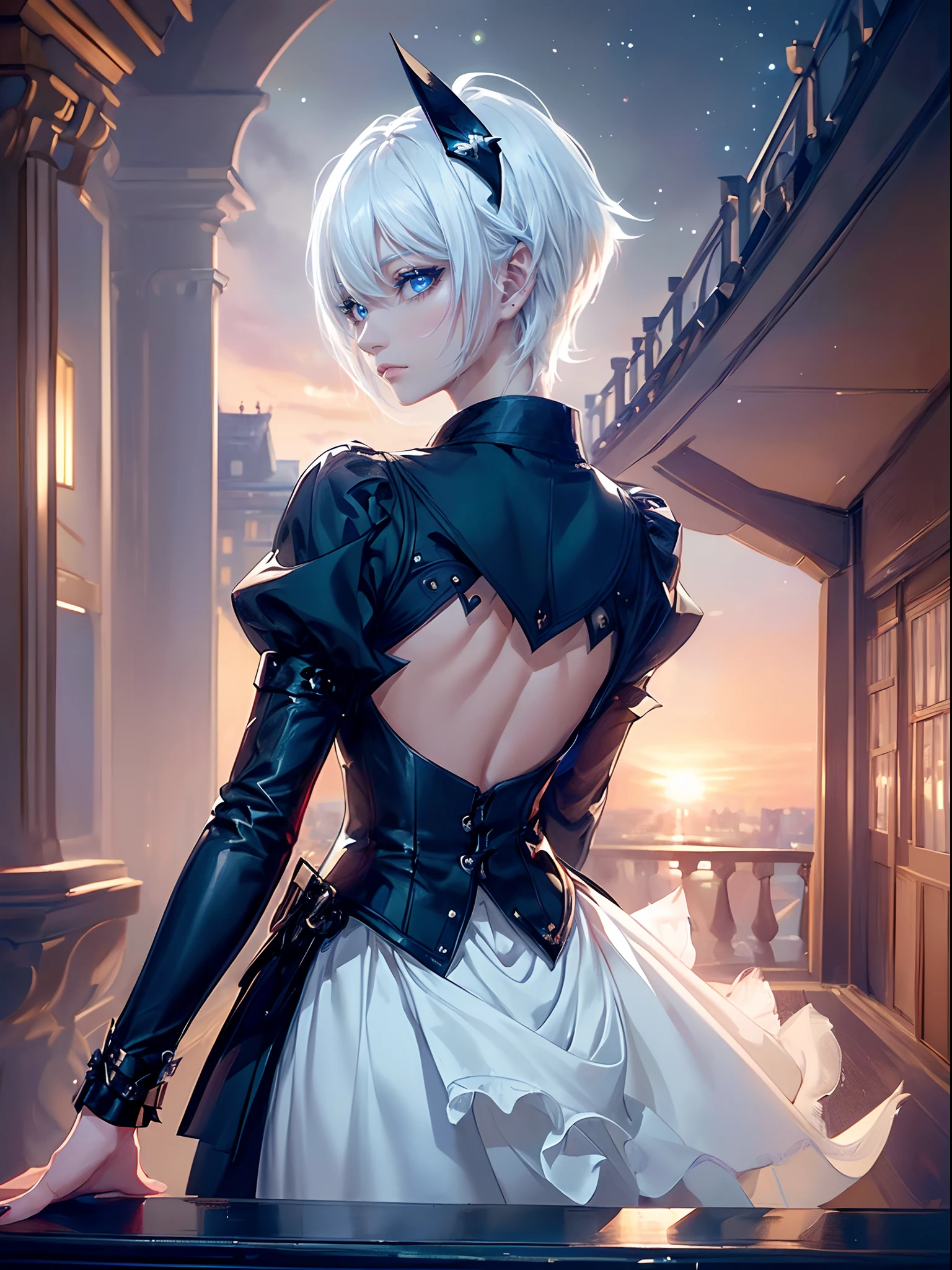 ((4K works))、masterpiece、(top-quality)、One Beautiful Girl、Slim body、tall、((Black Y-shirt and white pants、Charming street style))、(Detailed beautiful eyes)、Stylish English black balcony、Castle inhabited by villains、Black shop window、Balcony at night、((Starry sky in the background))、((dark sky))、((Stylish cityscape))、((Shot on a stylish veranda))、mid night、((Face similar to Carly Rae Jepsen))、((Short-haired white hair))、((Smaller face))、((Neutral face))、((Bright blue eyes))、((American adult women))、((Adult female 26 years old))、((cool lady))、((Like a celebrity))、((Wild look))、((Korean Makeup))、((elongated and sharp eyes))、((Happy dating))、((boyish))、((Upper body photography))、Professional Photos、((Shot alone))、((shot from back))、((Shot so that the back of the head is visible))、((Shot in close proximity to her))、((Focus zoom in))、((She is watching the sunset))、((She standing on the balcony))