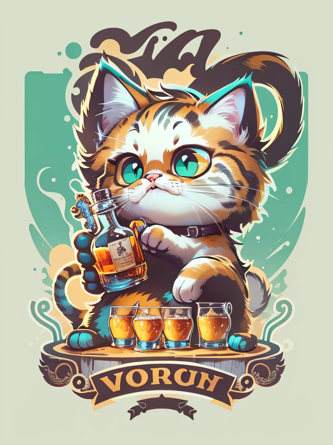 cat animal with whisky, cute style image, 3d style drawing, surrounded by vibraprint ready vector t-shirt design, (white background), side view, sticker, clean white background, professional vector, high detail, t-shirt design, vibrant.
