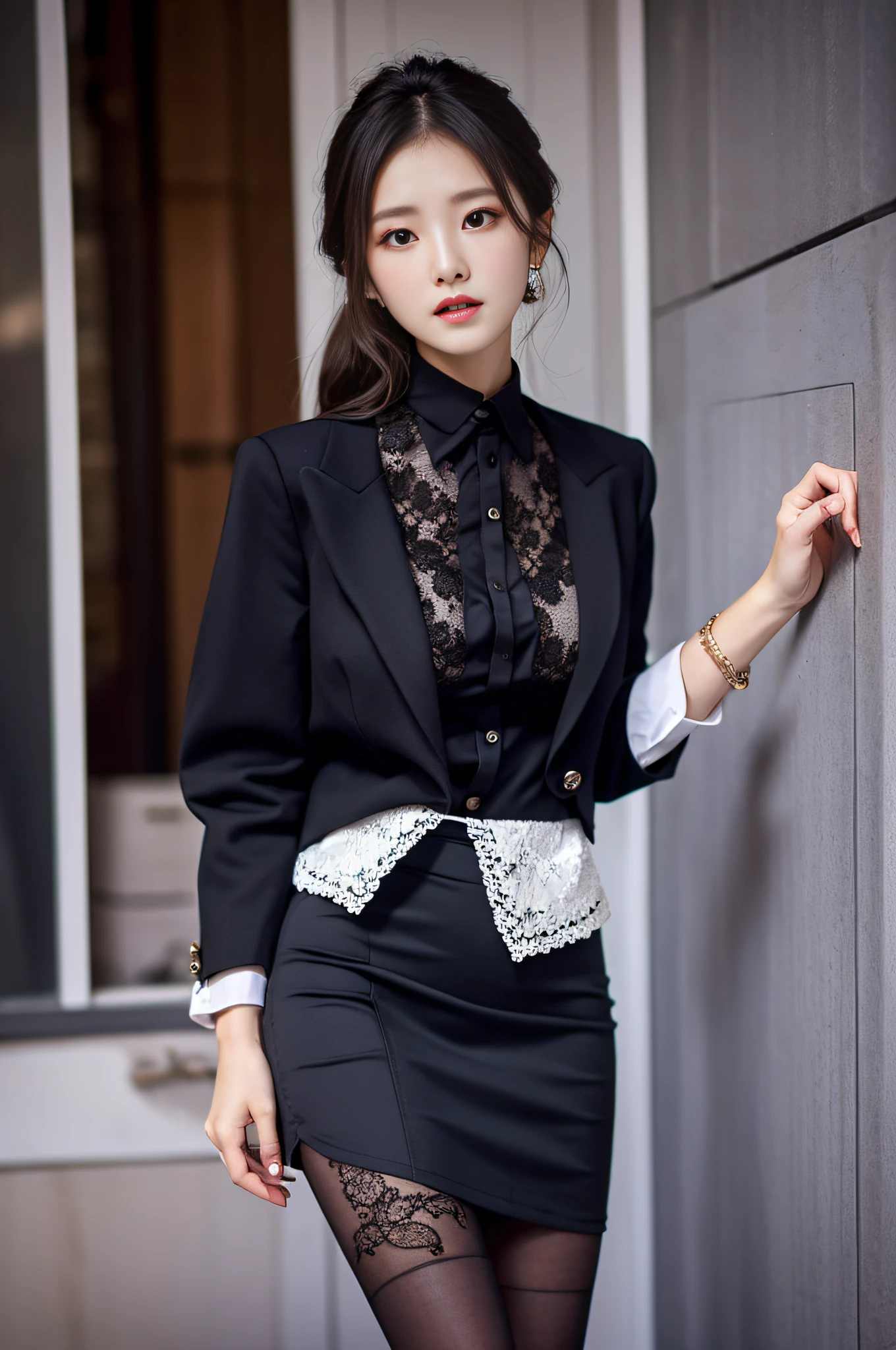 Charming beauties、Suit jacket、Black tight skirt、Glossy legs、Dyed in darkness、lacy fabric