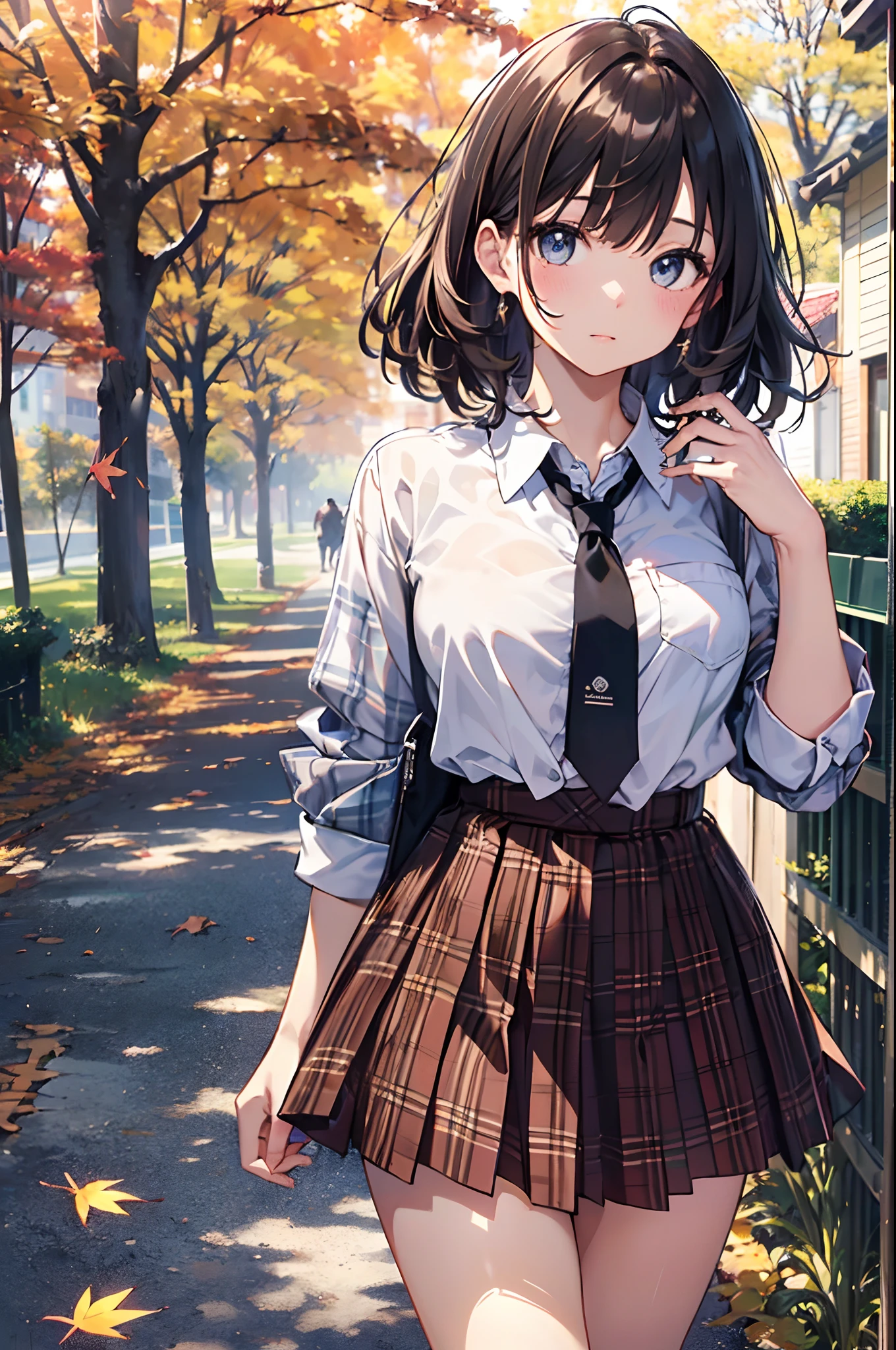 (top-quality、in 8K、32K、​masterpiece、nffsw、超A high resolution、Impresionismo、Photorealsitic:1.2)、cowboy  shot、foco nítido、detailed faces and eyes、(Man Walking Down a Tree-Lined Avenue々Group of, october, during autumn, in autumn, Golden Autumn, golden leaves, autumn season, trending photo, november, autum, beautiful image, beautiful aesthetic, Autumn, autumn season, beautiful day, in autumn, !!Beautiful!!)、Sharp pupils、Realistic pupils、beauitful face、18 year old beautiful girl、shinny skin、Bery short hair、Beautiful dark brown hair、Blunt bangs、Dark blue eyes、Shirt、neck tie、Plaid miniskirt、Black socks、(Have a skirt、Lifting skirt、I can see the white panties:1.3)、(Embarrassed look:1.2)、Mel Kishida