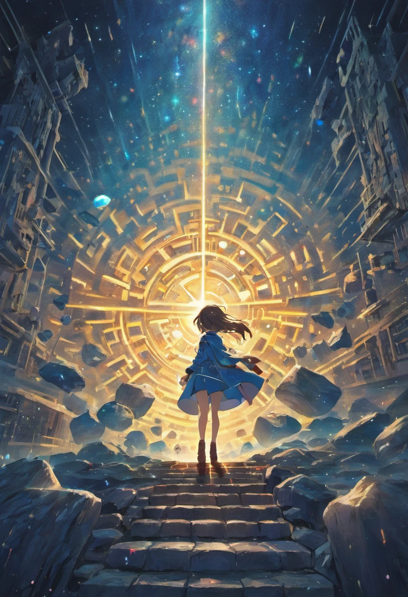 Maze, dungeon, floating runic rocks in a infinite voidless dimension, stars in the background, crystals, floating Ruins in space, Game map design, Cartographic map, Descending Map, 2D, cartographic, Game Map, Map layout, surreal, detailed, vivid colors, mystical lighting
