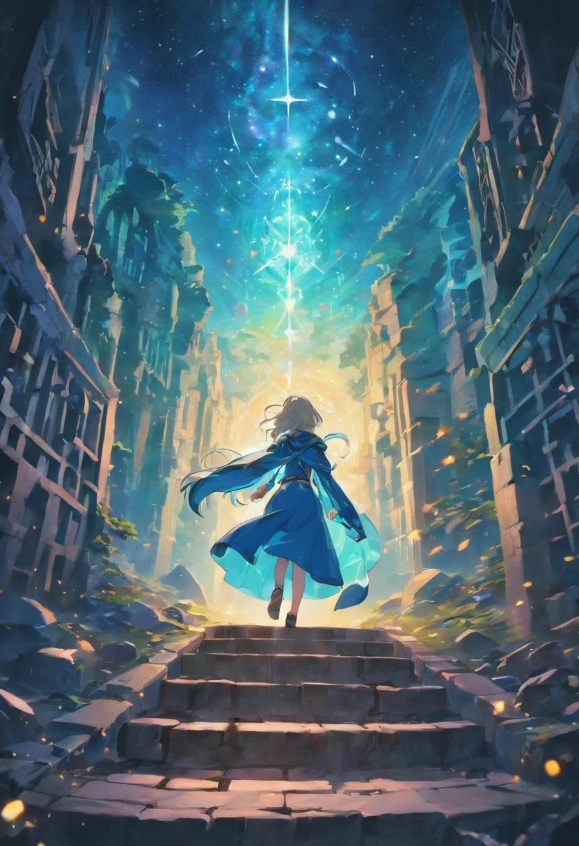 Maze, dungeon, floating runic rocks in a infinite voidless dimension, stars in the background, crystals, floating Ruins in space, Game map design, Cartographic map, Descending Map, 2D, cartographic, Game Map, Map layout, surreal, detailed, vivid colors, mystical lighting