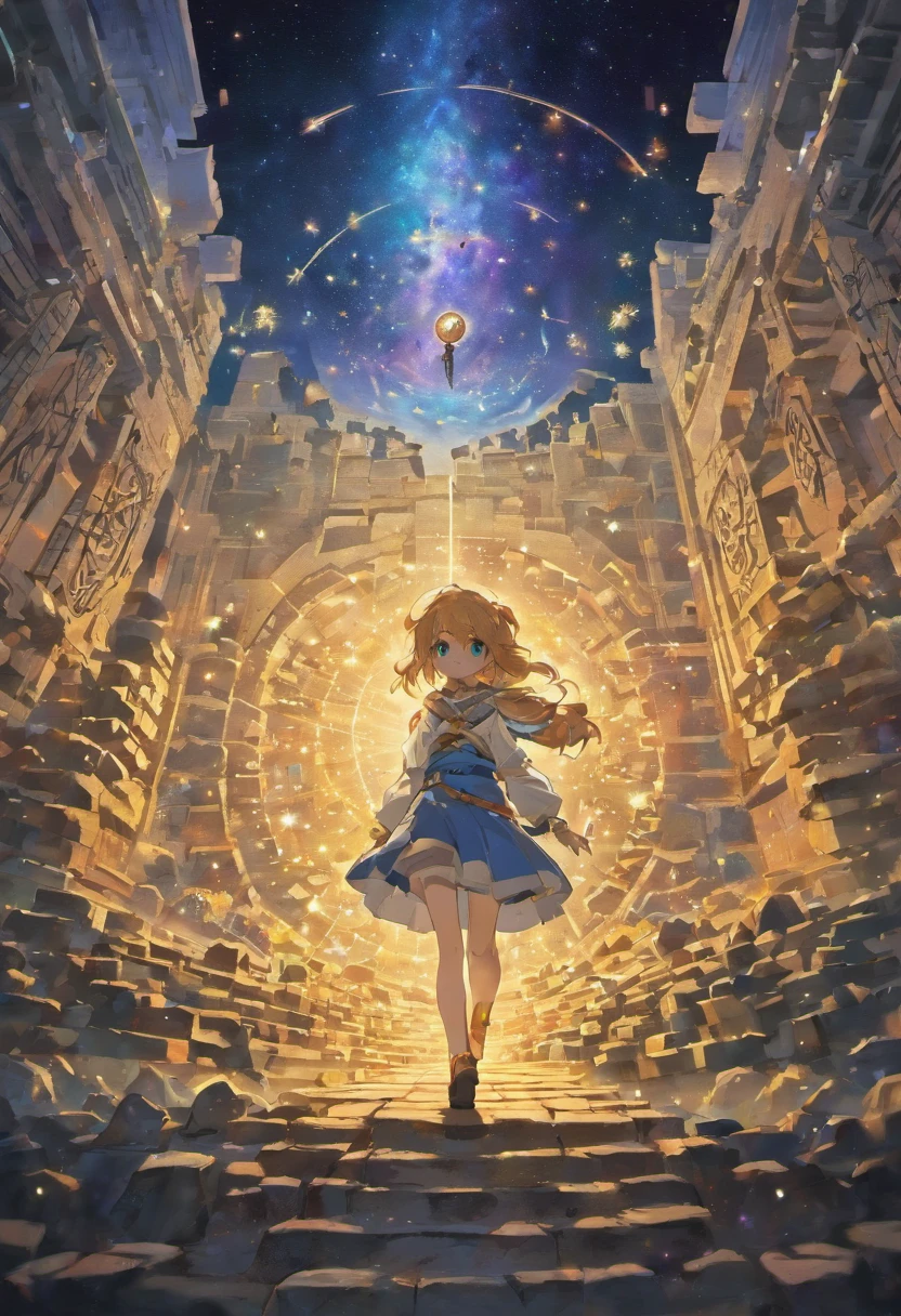 Maze, dungeon, floating runic rocks in a infinite voidless dimension, stars in the background, crystals, floating Ruins in space, Game map design, Cartographic map, Descending Map, 2D, cartographic, Game Map, Map layout, surreal, detailed, vivid colors, mystical lighting