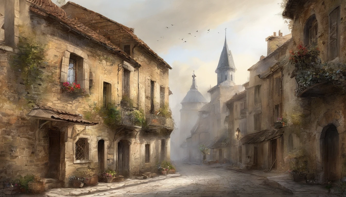 ink wash style,(French architecture),Broken,battlefiled,Fire on the ground,winter day、Rochas、(illustratio:1.0)、Epic composition、Realistic lighting、high definition detail、tmasterpiece、Best quality,(非常详细的 CG 统一 8k 壁纸)