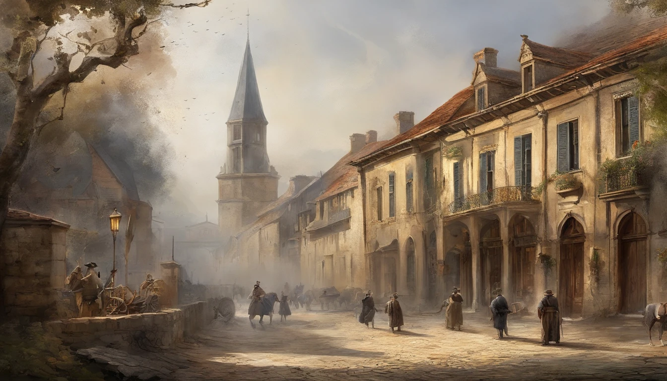 ink wash style,(French architecture),Broken,battlefiled,Fire on the ground,winter day、Rochas、(illustratio:1.0)、Epic composition、Realistic lighting、high definition detail、tmasterpiece、Best quality,(非常详细的 CG 统一 8k 壁纸)