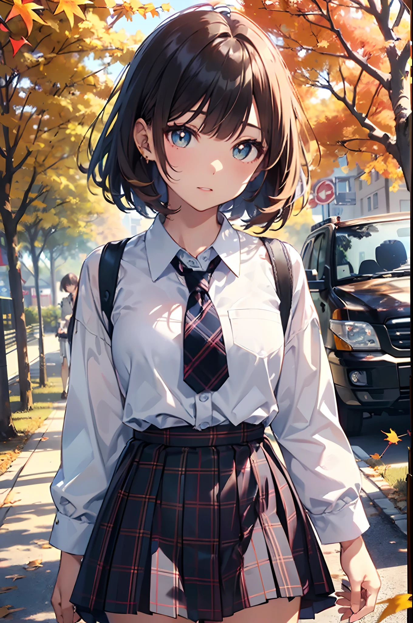 (top-quality、in 8K、32K、masterpiece、nffsw、超A high resolution、Impresionismo、Photorealsitic:1.2)、cowboy shot、foco nítido、detailed faces and eyes、(Man Walking Down a Tree-Lined Avenue々Group of, october, during autumn, in autumn, Golden Autumn, golden leaves, autumn season, trending photo, november, autum, beautiful image, beautiful aesthetic, Autumn, autumn season, beautiful day, in autumn, !!Beautiful!!)、Sharp pupils、Realistic pupils、beauitful face、18 year old beautiful girl、shinny skin、Bery short hair、Beautiful dark brown hair、Blunt bangs、Dark blue eyes、Shirt、neck tie、Plaid miniskirt、Black socks、(Have a skirt、Lifting skirt、I can see the white panties:1.3)、(Embarrassed look:1.2)、Mel Kishida