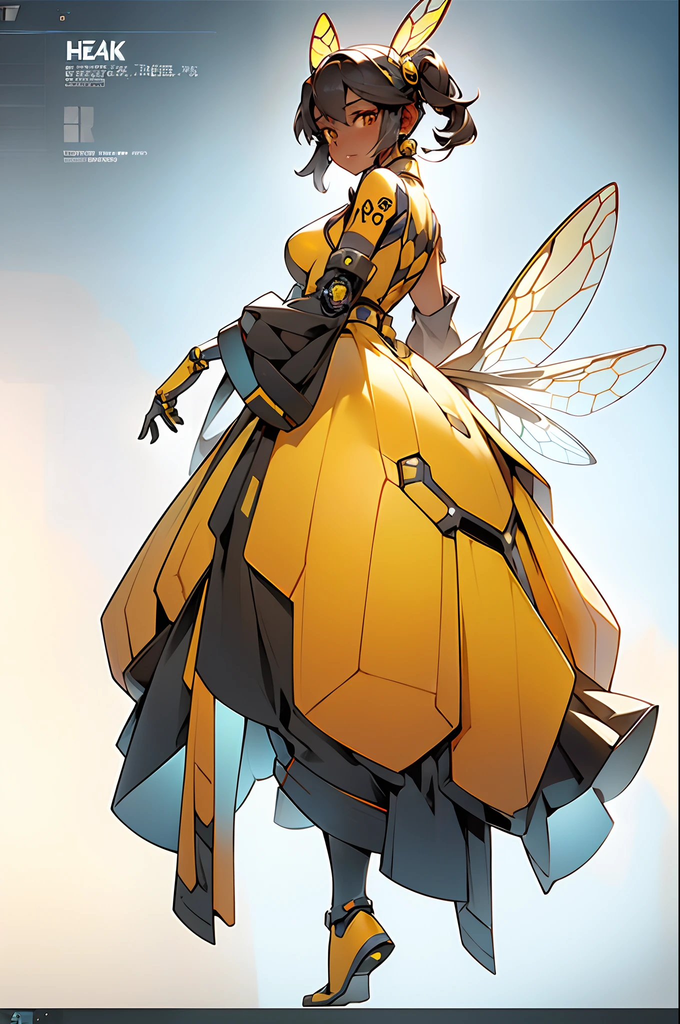 1 Anthropomorphism of bees, Full body standing painting，Solo, (tmasterpiece，top Quority，best qualtiy), ((Anthropomorphism of bees)), 独奏, Holding a black and yellow stick, (The main colors are yellow and black), human structure bee concept art, character design contest winner, cyberpunk bee, Great character design, Cyborg Wasp, Fantasy beekeeper, （（cyber punk style，machine arm，Hologram aura，Surreal Science Fiction Art，Future Science Fiction Aesthetics））, biopunk cyborg wasp, interesting character design, insect trainer girl, no type, cushart kenz, cyberpunk cyborg wasp, full body concept, high quality character design, character design art, ((very simple background))、(Game character design), white backgrounid（（（flatcolors）））