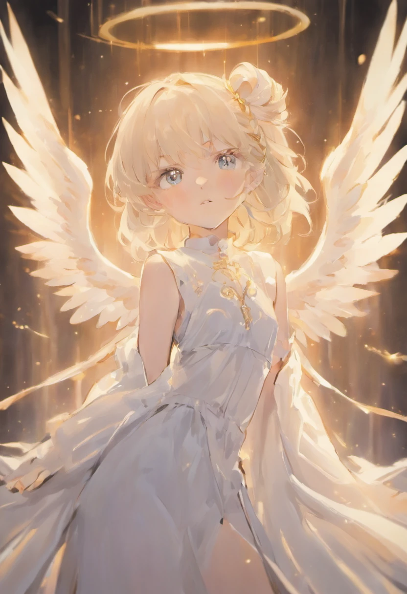 (best quality, masterpiece), 1girl, looking at viewer, wind, particle, simple background, angel, halo, blonde, pose, negligee