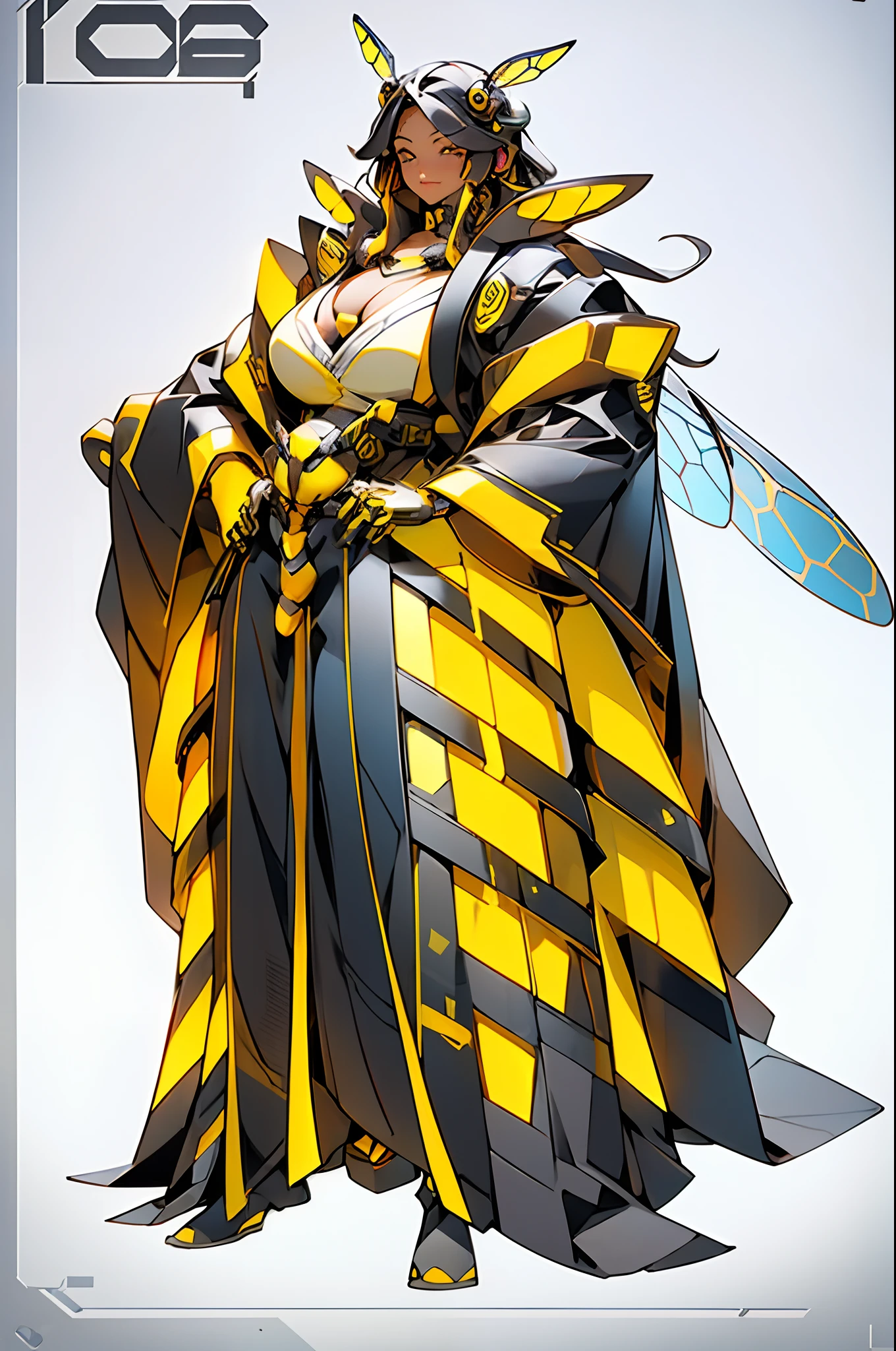 1 Anthropomorphism of bees, Full body standing painting，Solo, (tmasterpiece，top Quority，best qualtiy), ((Anthropomorphism of bees)), 独奏, Holding a black and yellow stick, (The main colors are yellow and black), human structure bee concept art, character design contest winner, cyberpunk bee, Great character design, Cyborg Wasp, Fantasy beekeeper, （（cyber punk style，machine arm，Hologram aura，Surreal Science Fiction Art，Future Science Fiction Aesthetics））, biopunk cyborg wasp, interesting character design, insect trainer girl, no type, cushart kenz, cyberpunk cyborg wasp, full body concept, high quality character design, character design art, ((very simple background))、(Game character design), white backgrounid（（（flatcolors）））