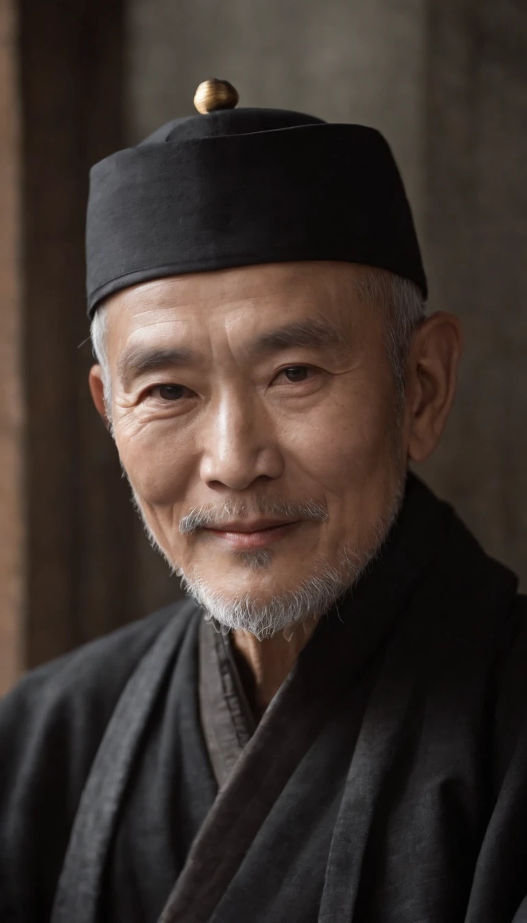 Wearing a black coat，Smiling，Middle of the lens，The background is a traditional Chinese painting，Men have no beards，Wise old man，An ancient Chinese elder，Center the photo，The character is centered，Sit，Real frontal photos，Face HD，The face is softly illuminated，Slight smile，The background is a bit dark，The interior is dimly lit，Background bokeh，Light shines on the face from the front，The face is evenly lit，Medium shot，Best quality，photographed