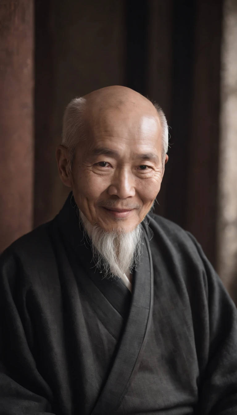 Wearing a black coat,Smiling,Middle of the lens,The background is a traditional Chinese painting,Men have no beards,Wise old man,An ancient Chinese elder,Center the photo,The character is centered,Sit,Real frontal photos,Face HD,The face is softly illuminated,Slight smile,The background is a bit dark,The interior is dimly lit,Background bokeh,Light shines on the face from the front,The face is evenly lit,Medium shot,Best quality,photographed