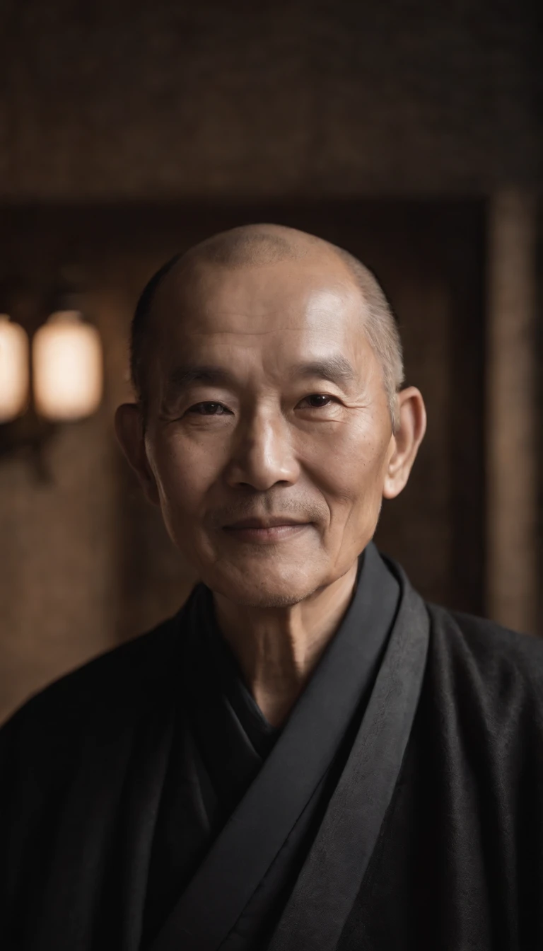 Wearing a black coat,Smiling,Middle of the lens,The background is a traditional Chinese painting,Men have no beards,Wise old man,An ancient Chinese elder,Center the photo,The character is centered,Sit,Real frontal photos,Face HD,The face is softly illuminated,Slight smile,The background is a bit dark,The interior is dimly lit,Background bokeh,Light shines on the face from the front,The face is evenly lit,Medium shot,Best quality,photographed