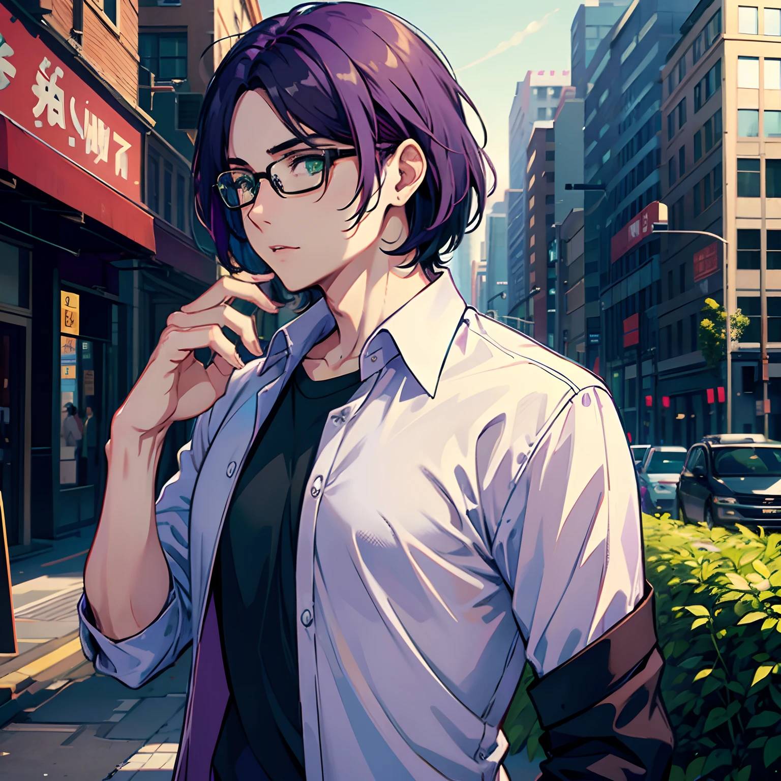 male people、bob、Green eyes、Purple hair、Beautiful youth、Black round glasses、shirt