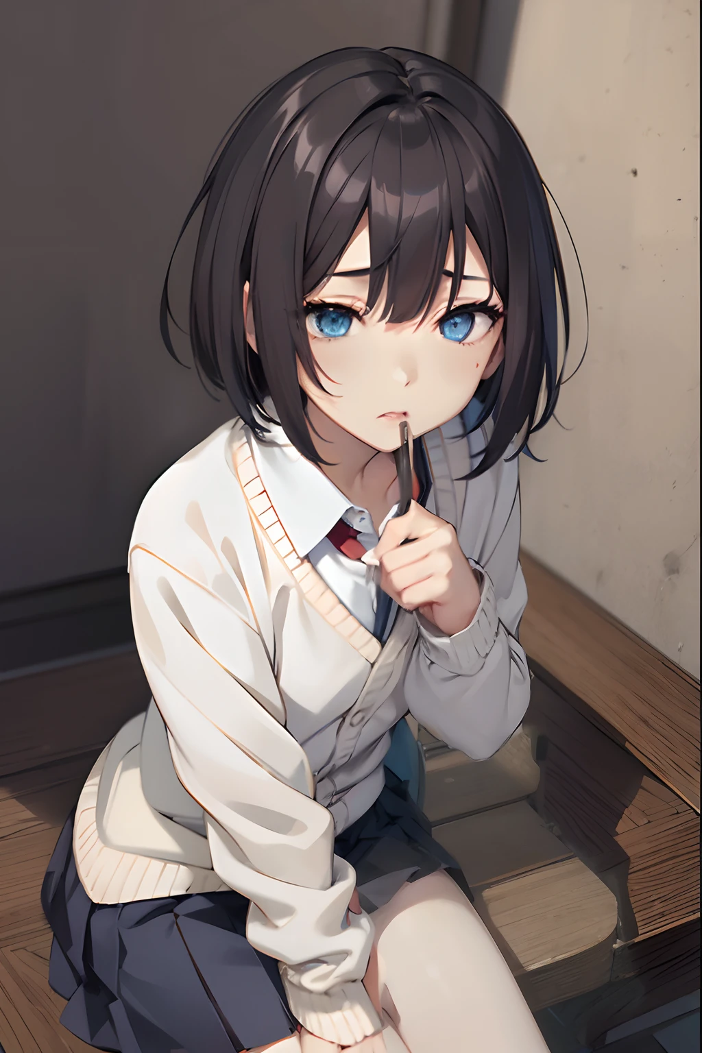 sitting,pleated skirt,beautiful thighs