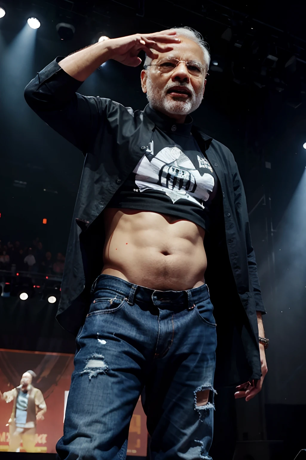 NARENDRA MODI SING SONG ON STAGE,A CAPE IN HIS DEAD,BLACK HIP HOP T-SHART,BLACK DAMAGED DENIM,LIVE CONSERT ON STAGE