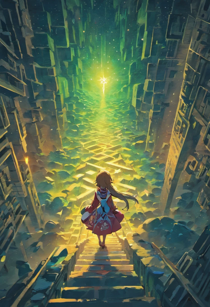Maze, dungeon, floating runic rocks in a infinite voidless dimension, stars in the background, crystals, floating Ruins in space, Game map design, Cartographic map, Descending Map, 2D, cartographic, Game Map, Map layout, surreal, detailed, vivid colors, mystical lighting, no humans, no animals,