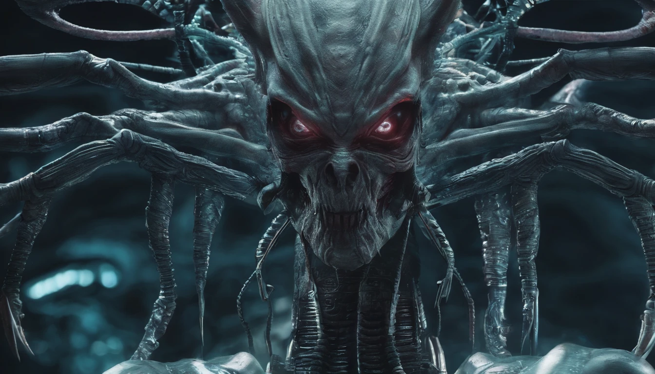 close up of an humanoid demon, ultra detailed, horror aesthetic, sci fi horror aesthetic.
