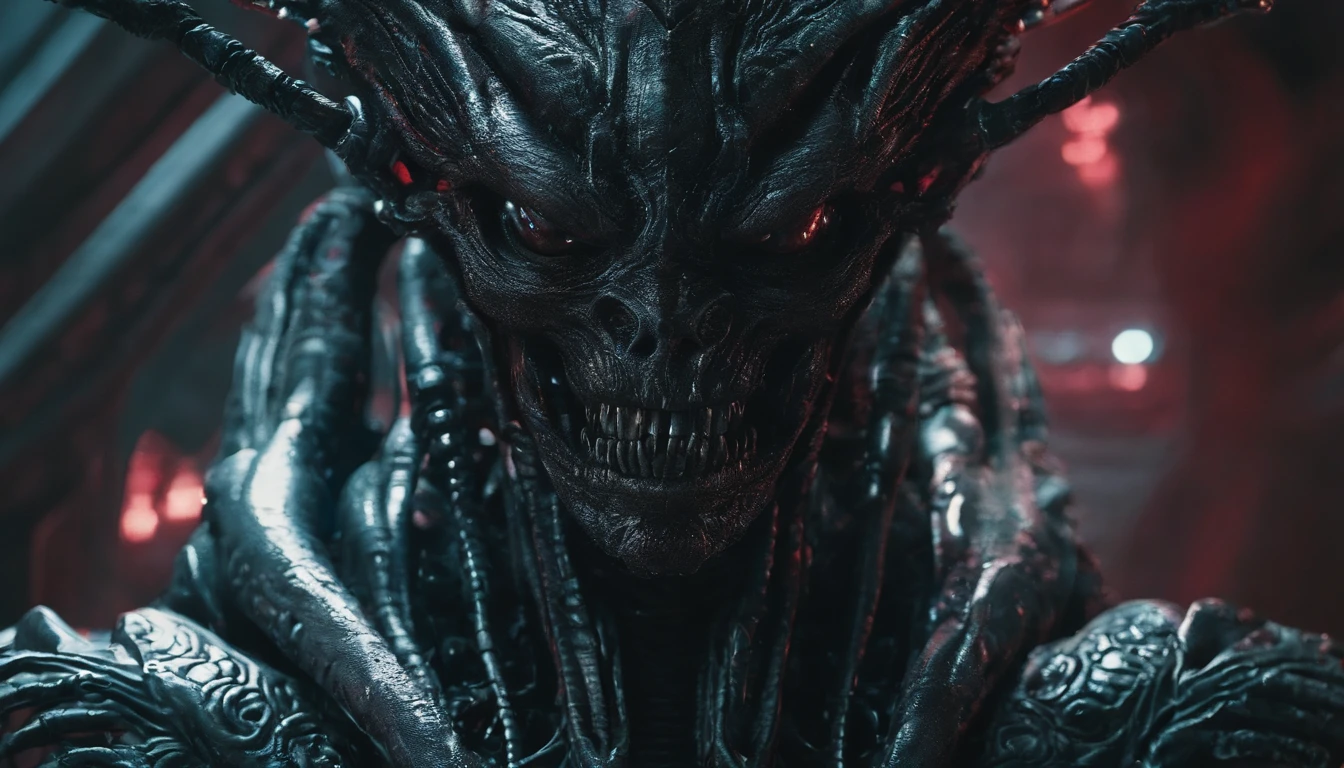 close up of an humanoid demon, ultra detailed, horror aesthetic, sci fi horror aesthetic.