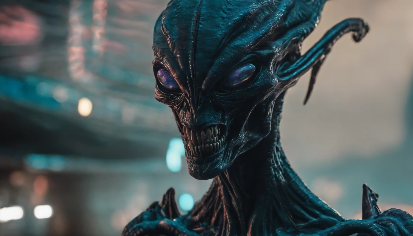 close up of an humanoid demon, ultra detailed, horror aesthetic, sci fi horror aesthetic.