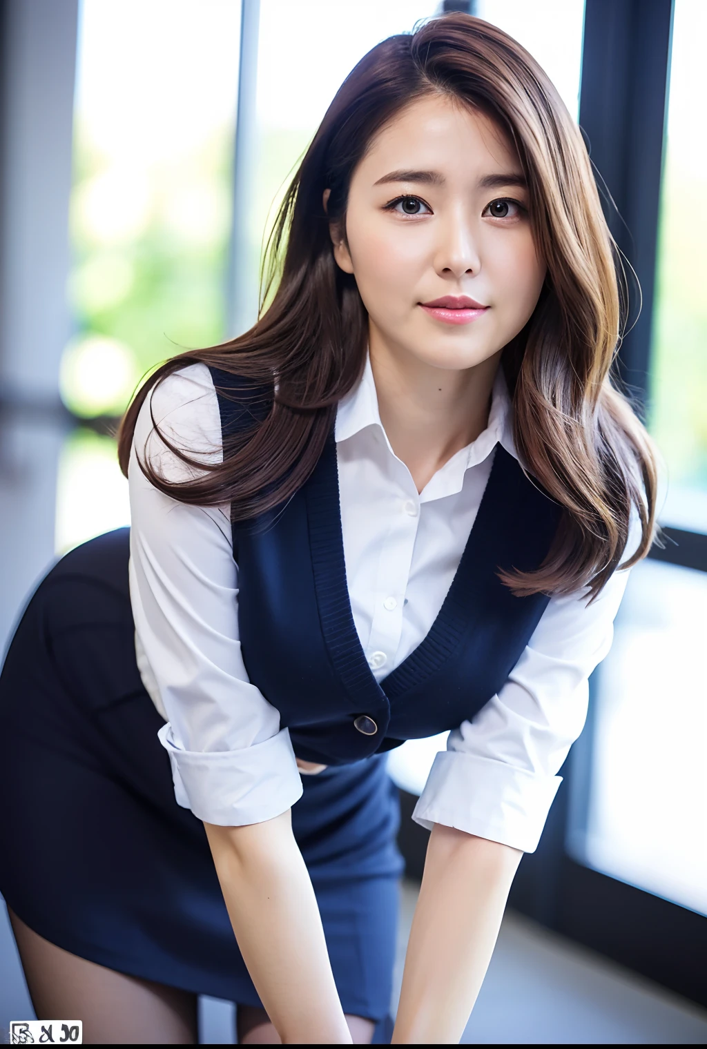 School uniform,pantyhose,Cute,Mature Mature Woman Young,Super,Full body,nice perfect face with soft skin perfect face,gorgeous long wavy brown-haired,8K resolution,Ultra-realistic,Ultra-detailed,hightquality,huge-breasted:1.7)
