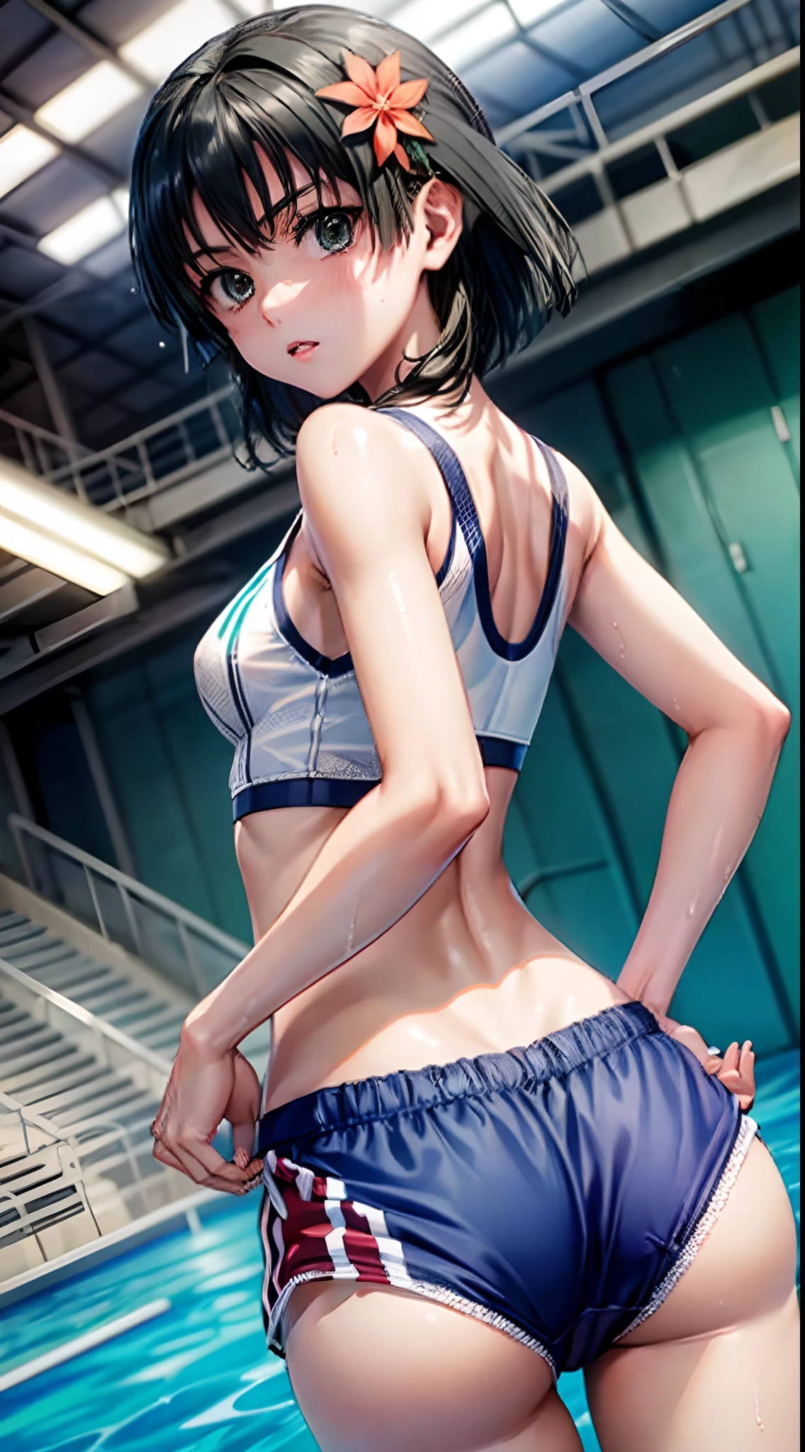 femele,１2 years ***,,(((White sports bra and blue boxer shorts))),,Wet with sweat,Look back,(((Nariko Saten)))