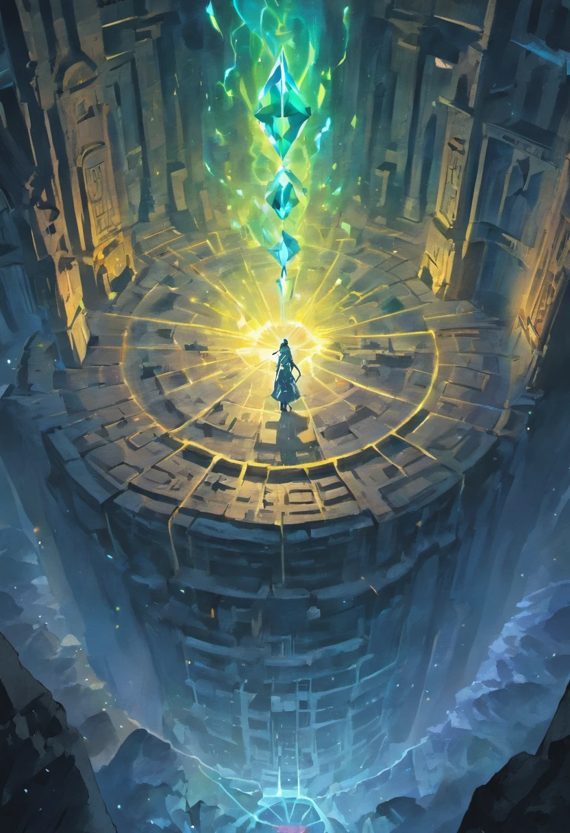Ruin dungeon, floating runic rocks in a infinite voidless dimension, stars in the background, crystals, floating Ruins in space, Game map design, map, Descending Map, 2D, cartographic, Game Map, Map layout, surreal, detailed, dark colours