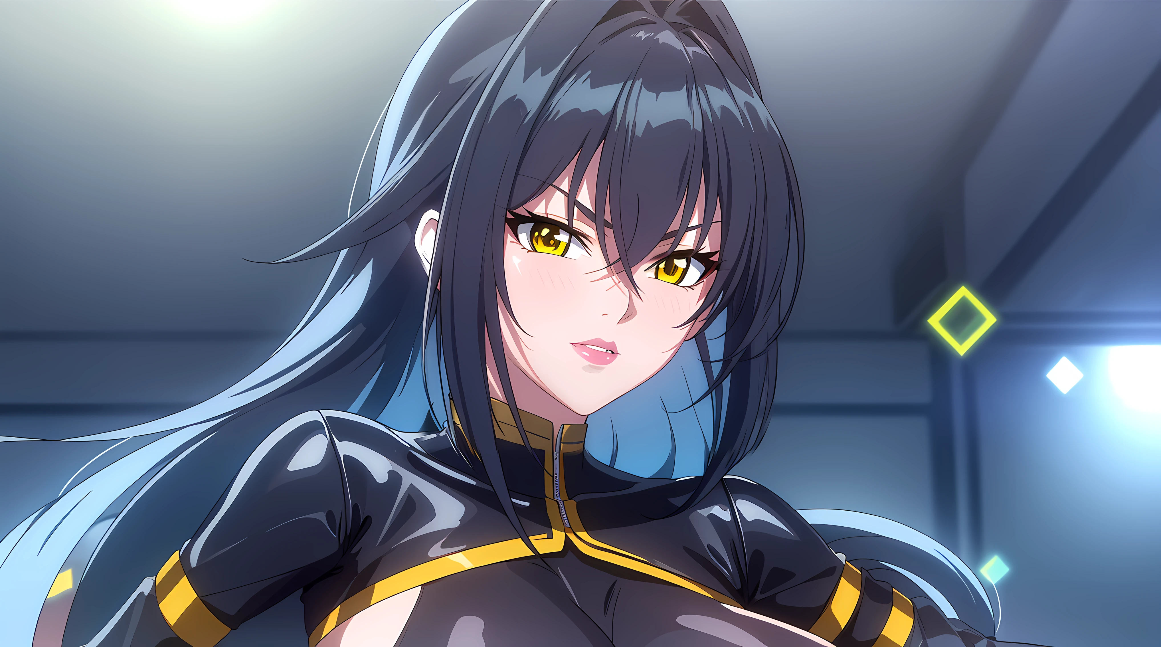 professional artwork, Intricate Details, field of view, sharp focus, detailed painting, photorealistic lighting, trending on pixiv, (masterpiece:1.0),(best_quality:1.0), ultra high res,4K,ultra-detailed, photography, 8K, HDR, highres, absurdres:1.2, Kodak portra 400, film grain, blurry background, bokeh:1.2, lens flare, (vibrant_color:1.2), 
(Annerose:1), 1girl, female mature, black hair, long hair, yellow eyes, large breasts, bodysuit, shiny clothes, skin tight, hair intakes, covered breasts, pose invited,
simple plain white background, (solo:1.5),