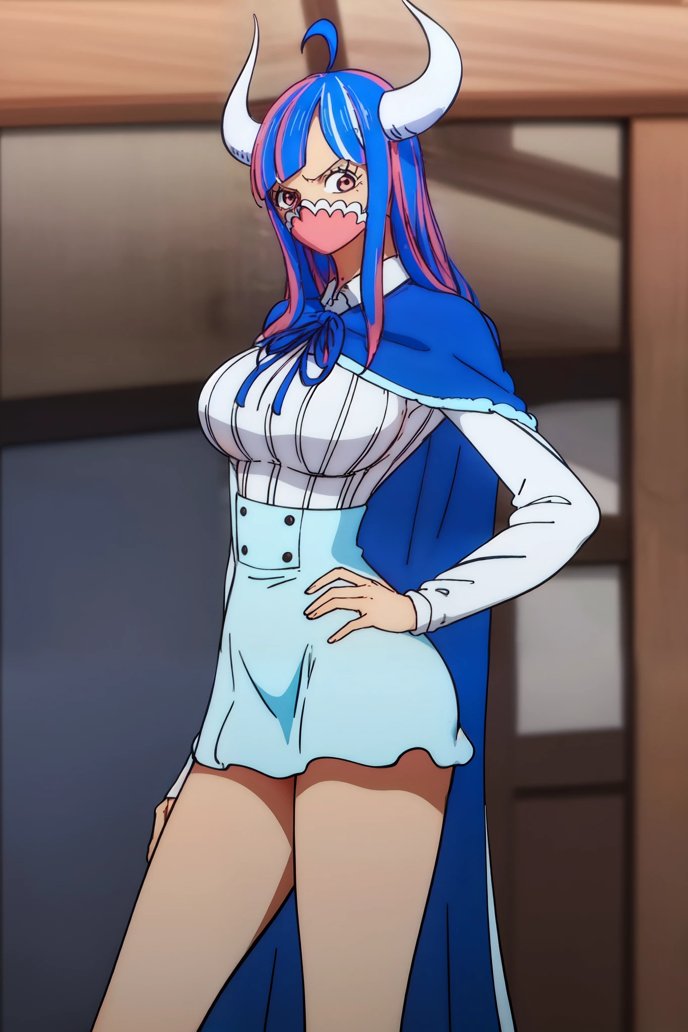 Ulti from one piece, blue hair, red eyes, pink mask, white horns, booty, white mini dress, long dark blue cape, standing in room, side view, hands on Hip,