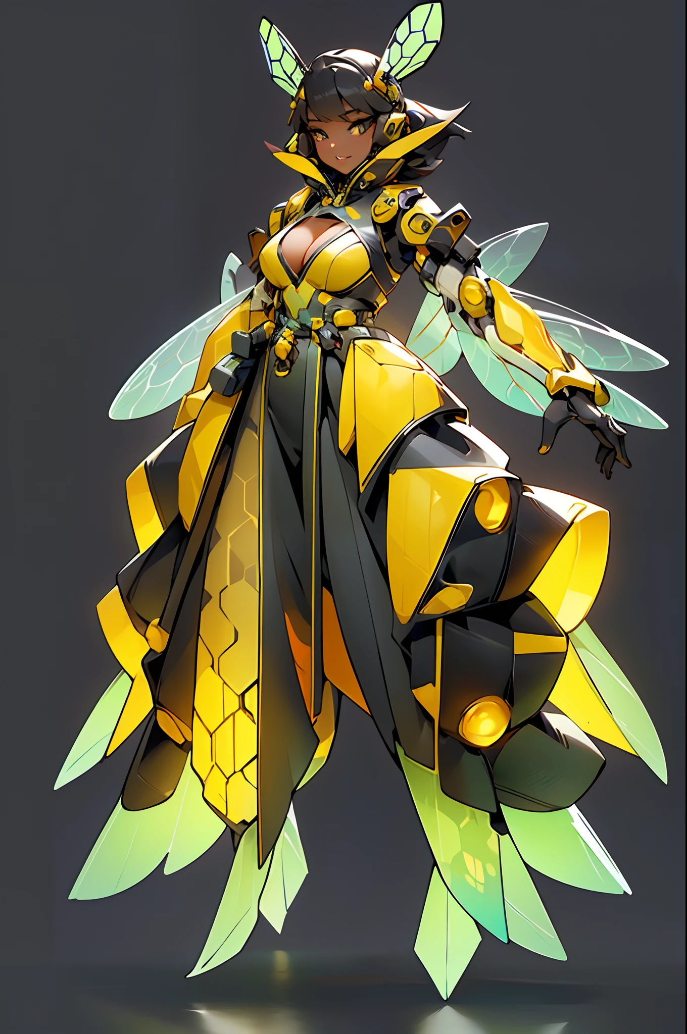 1 Anthropomorphism of bees, Full body standing painting，Solo, (tmasterpiece，top Quority，best qualtiy), ((Anthropomorphism of bees)), 独奏, Holding a black and yellow stick, (The main colors are yellow and black), human structure bee concept art, character design contest winner, cyberpunk bee, Great character design, Cyborg Wasp, Fantasy beekeeper, （（cyber punk style，machine arm，Hologram aura，Surreal Science Fiction Art，Future Science Fiction Aesthetics））, biopunk cyborg wasp, interesting character design, insect trainer girl, no type, cushart kenz, cyberpunk cyborg wasp, full body concept, high quality character design, character design art, ((very simple background))、(Game character design), white backgrounid（（（flatcolors）））