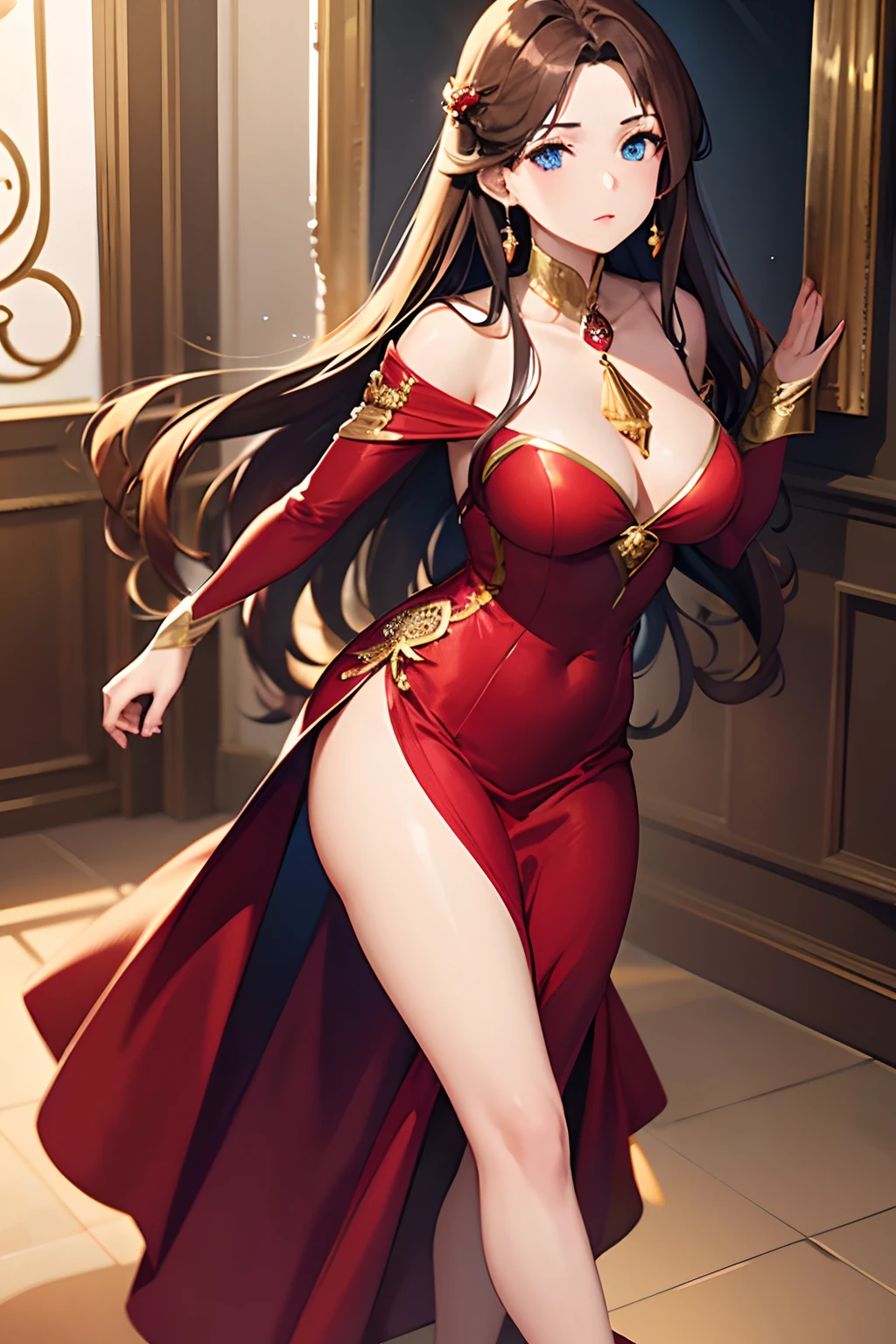 1girl, wearing a elegant red dress, long brown hair with blue accents, blue eyes, gold earrings, neck accessories, long eyelashes, wearing a gold ring, wearing high heels