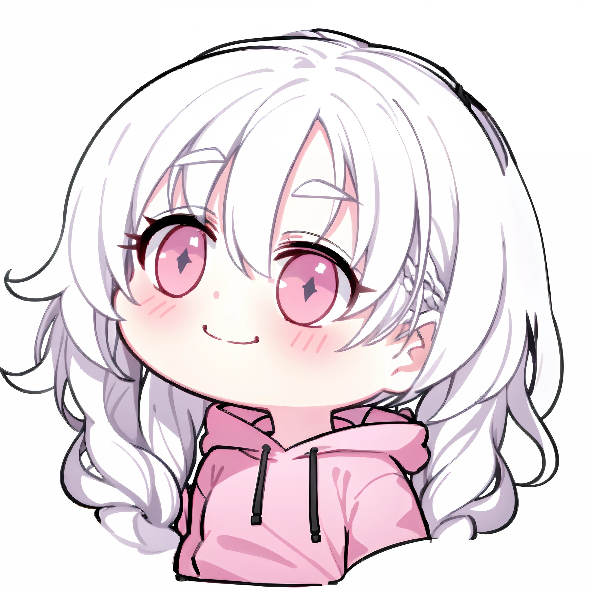 1girl in, White hair, Medium Hair, Pigtails, Wavy Hair, Pink eyes, Black hoodie, Closed smile, thick outline, Tutici Emote, Blue background, Chibi,