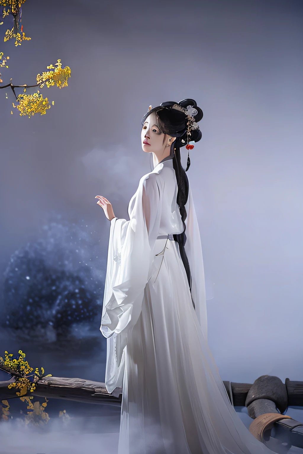 Chinese style classical style，Chinese Hanfu beauty elegant back do not show back，The artistic conception is far-reaching，Peaceful lake view，Light indigo and dark gray，There is mist，There are osmanthus trees，The color scheme is elegant and stylish，The composition is simple and atmospheric